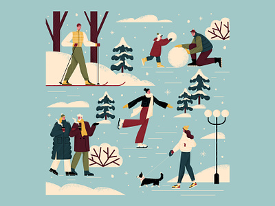 Winter time characters dog editorial flat holidays illustration illustrator pattern people snow texture winter