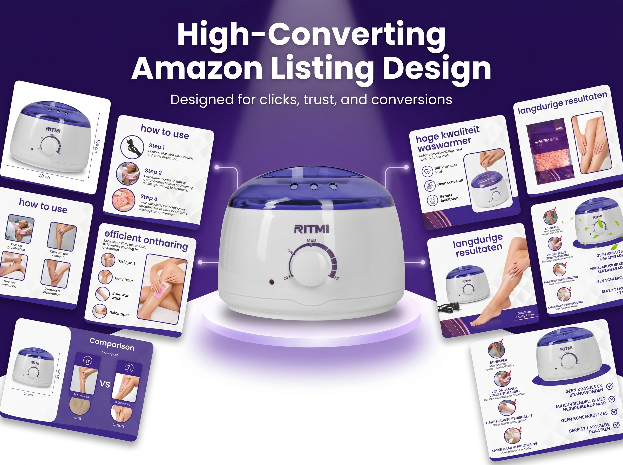 Premium Amazon Listing Images Design for Wax Heater Hair Removal amazon a plus content amazon image optimization amazon infographics amazon listing design amazon listing images beauty branding beauty product listing e commerce design ecommerce visuals hair removal kit infographic design listing image designer personal care packaging premium listing design product image design product infographics product marketing design product presentation product showcase wax heater design