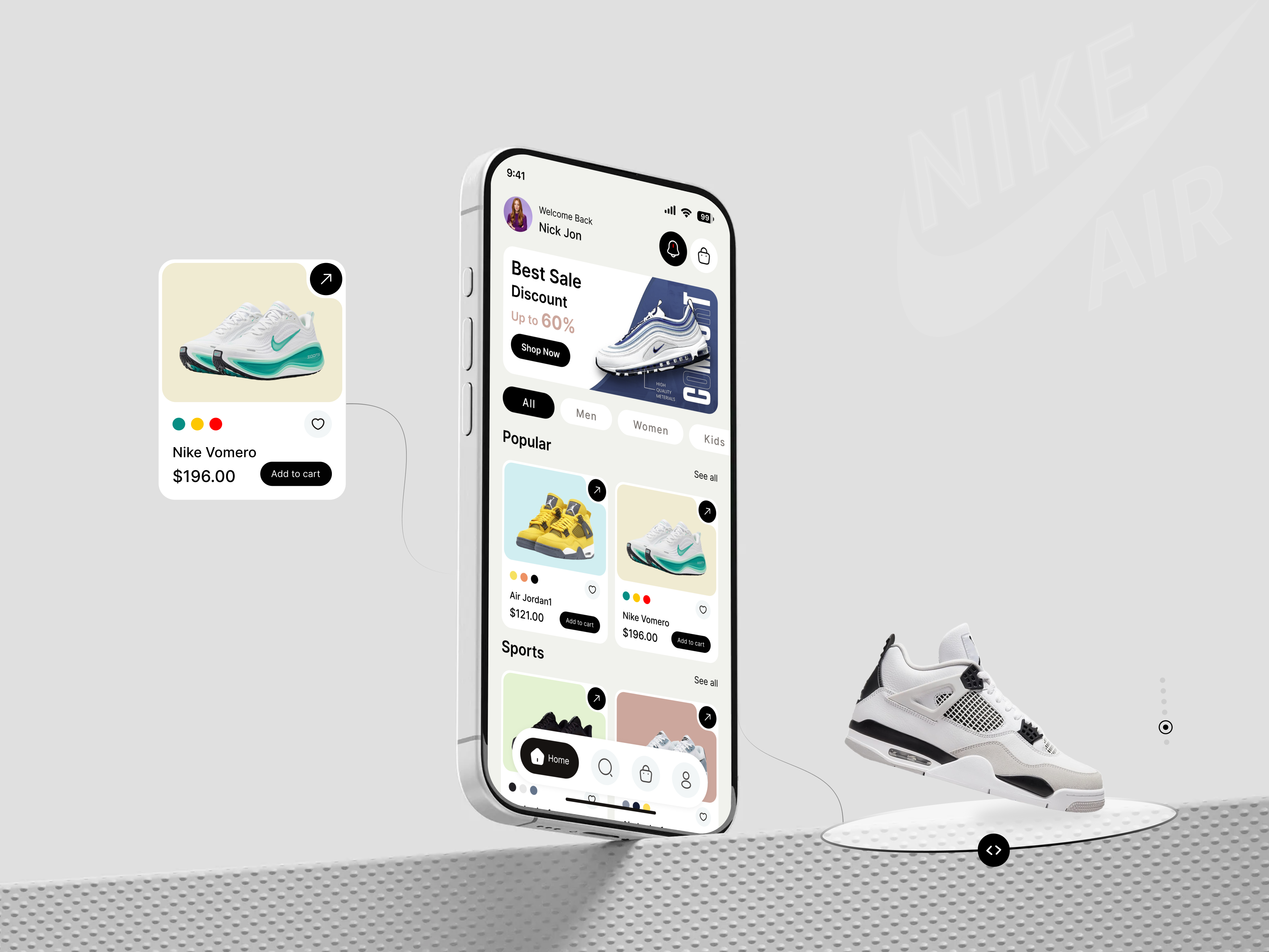 Fashion Ecommerce Mobile App UI – Nike Shoes Experience appdesign branding cart page cleanui dashboard details page ecommerce fashionapp home page iosapp logo minimalui mobileapp modernui productdesign shoppingapp sneakers uidesign uiux uxdesign