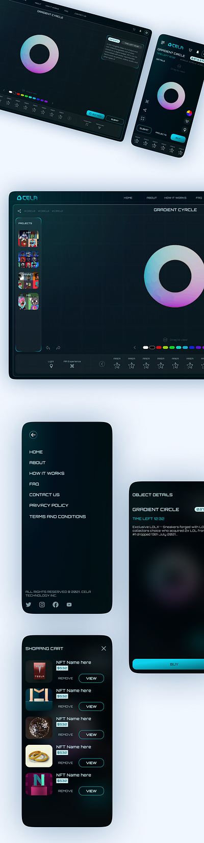 Cela- concept design- 3D NFT customization for a SASS company. 3d app blockchain concept cryptocurrency dark theme design desktop mobile nft ui ux web app