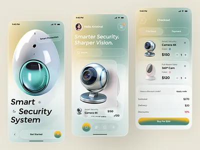 Camera Store App Design – Sleek Mobile E-commerce UI 3d ui app app redesign camera app checkout ui design ecommerce app fintech ui glassmorphism home security iot app redesign security app smart device app smart home surveillance app ui web