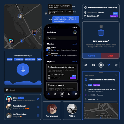 Protected messegner app | SIMWAL app black chat dark design map messenger mobile night radio task tasks