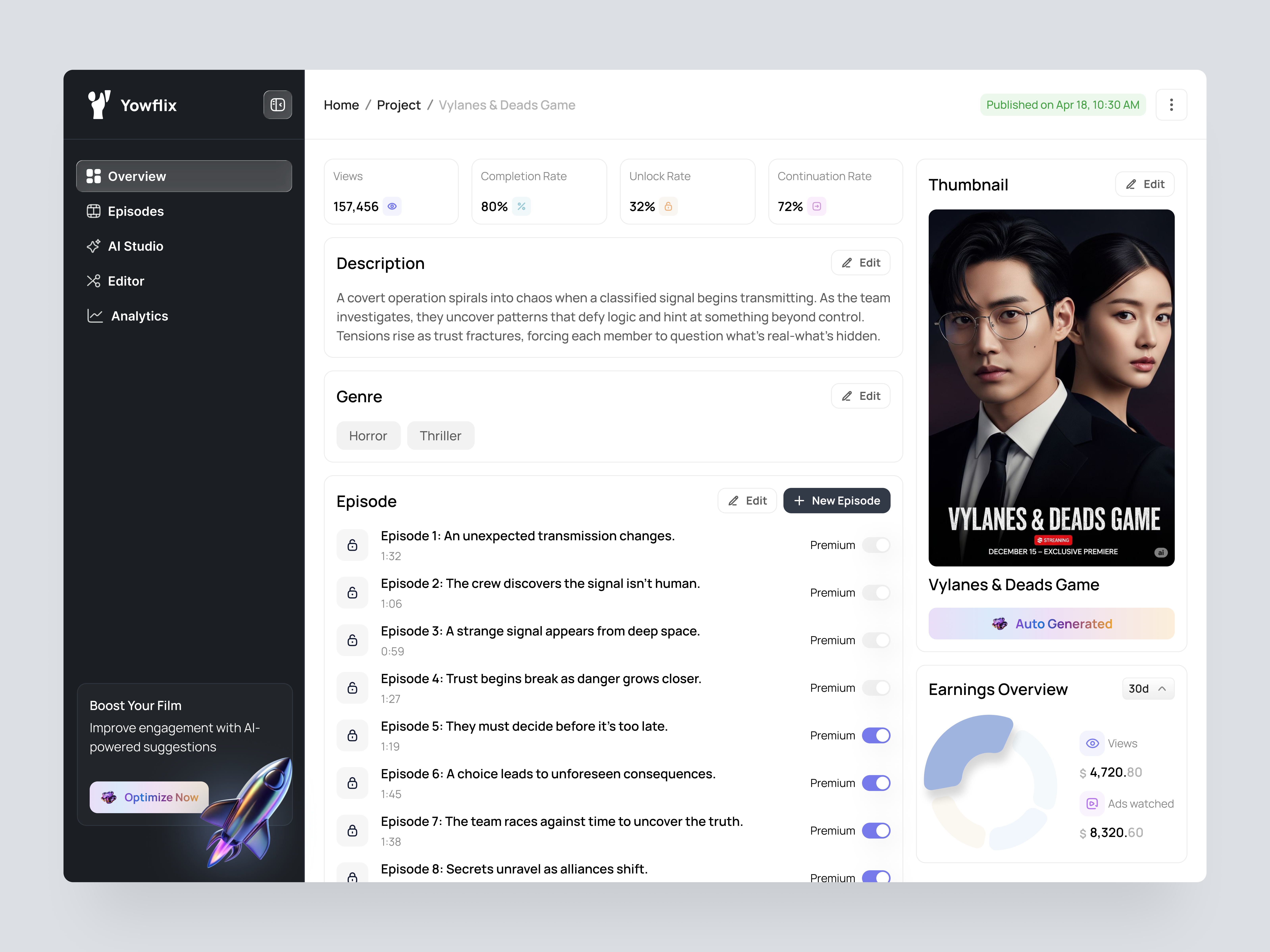 AI Film Studio Dashboard - Yowflix Director Details Dashboard admindashboard ai dashboard analytics ui artificial inteligence content creation content creator creator dashboard creator tools dashboard design yow details dashboard film dashboard movie app product design saas dashboard saasdashboard streaming app streaming dashboard video editor webdesign
