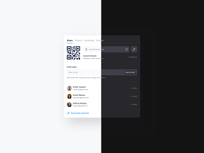 Sharing modal | UI component configure dark mode design system domain figma input field invite invited link popover popup privacy product design publishing qr code send invite sergushkin share sharing modal user interface