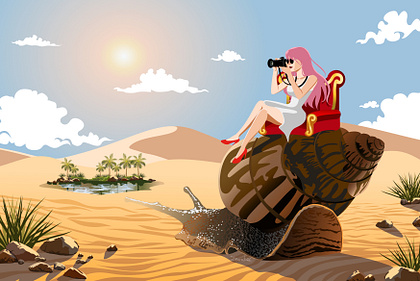 Surreal Journey: Woman Riding Giant Snail in Desert Oasis