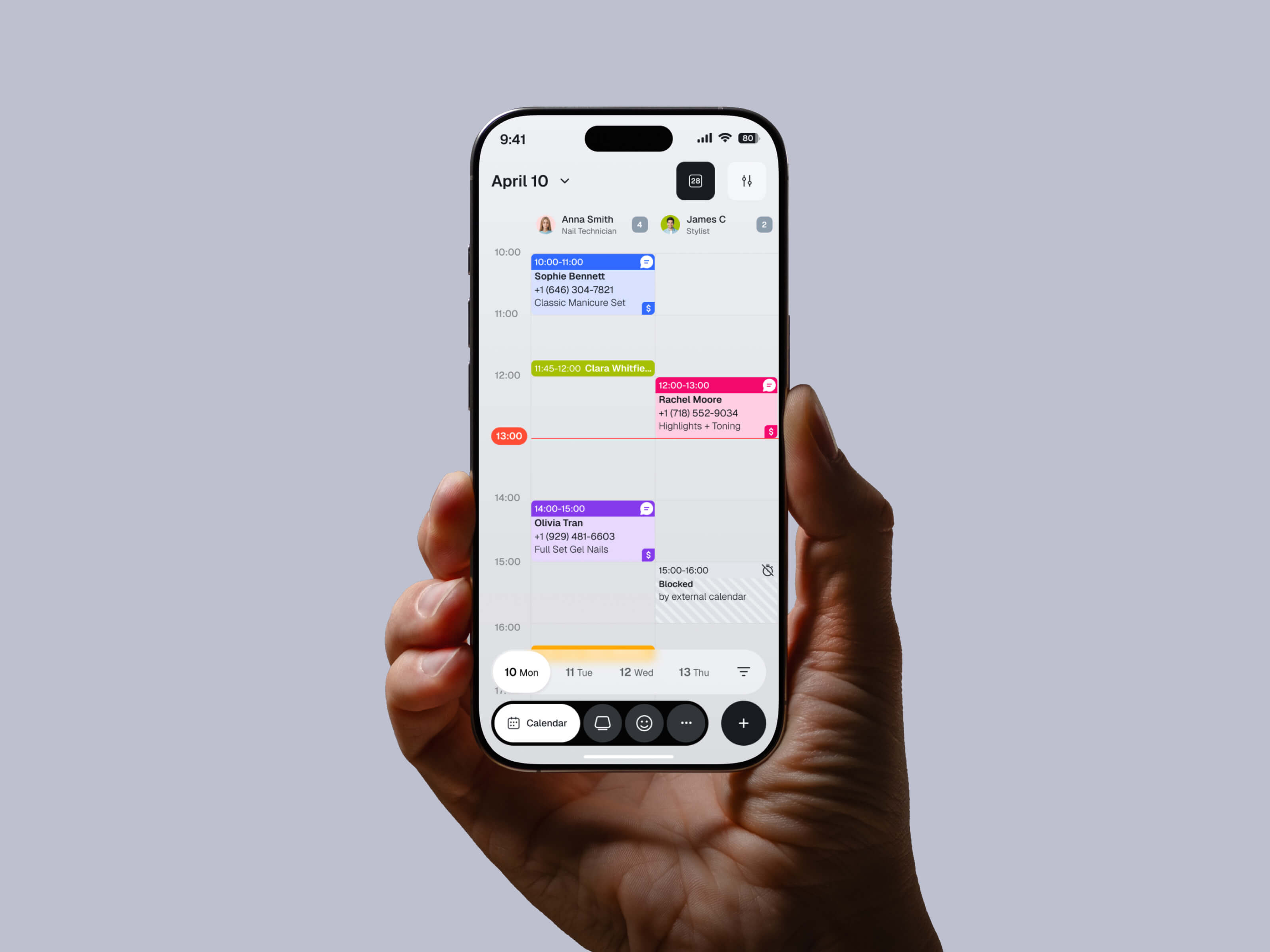 Booking Calendar App appointment scheduling b2b saas beauty app booking app bottom sheet calendar app clean ui figma ios app design mobile ui mobile ux product design saas mobile salon app scheduling ui service business staff scheduling ui design ux design week view
