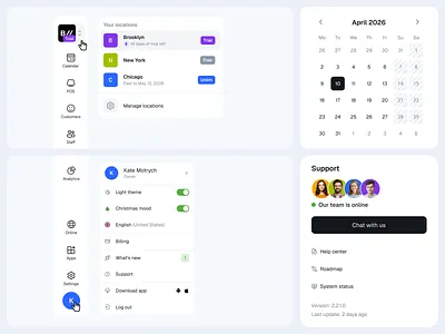 Booking Saas UI Elements b2b saas booking app calendar ui card ui clean ui component design dashboard ui date picker figma mobile app multi location product design saas dashboard scheduling app settings panel ui design ui elements user menu ux design web app design