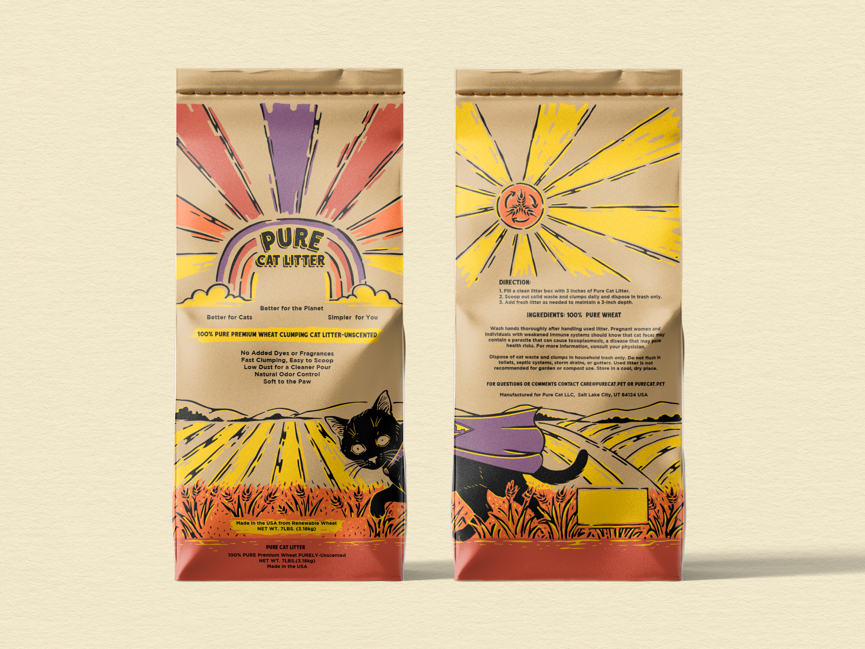 Pure Cat Litter – Vintage Illustration Packaging artwork branding cat cat brand engraving style farmbranding graphic design hand drawn illustration kraft design label design logo merchandise packaging design retro design retropackaging vintage design vintage illustration vintage label wheat