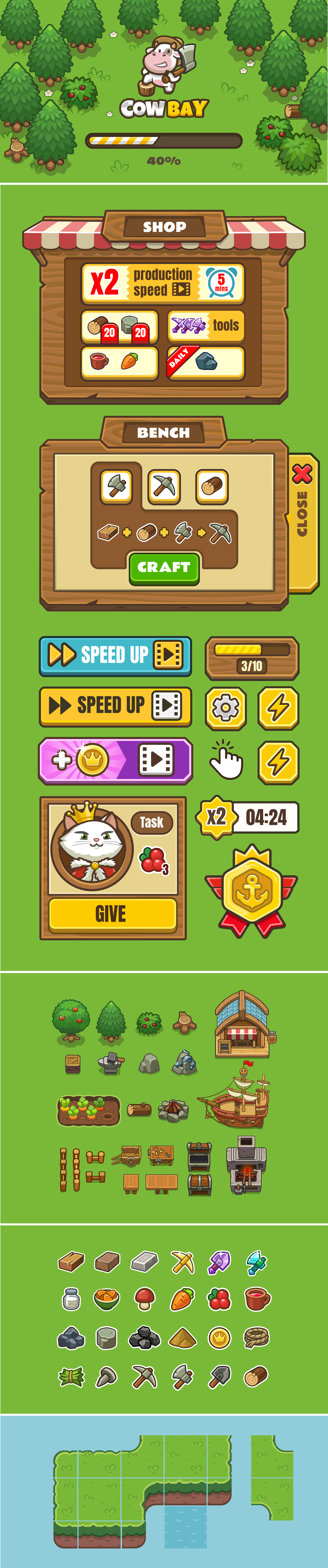 Cow Bay - complete 2D game art production 2d game art casual casual game character design cute illustration farming game game art game assets game design game icons graphic design idle illustration logo mobile app design mobile game mobile game ui resource icons ui ux design
