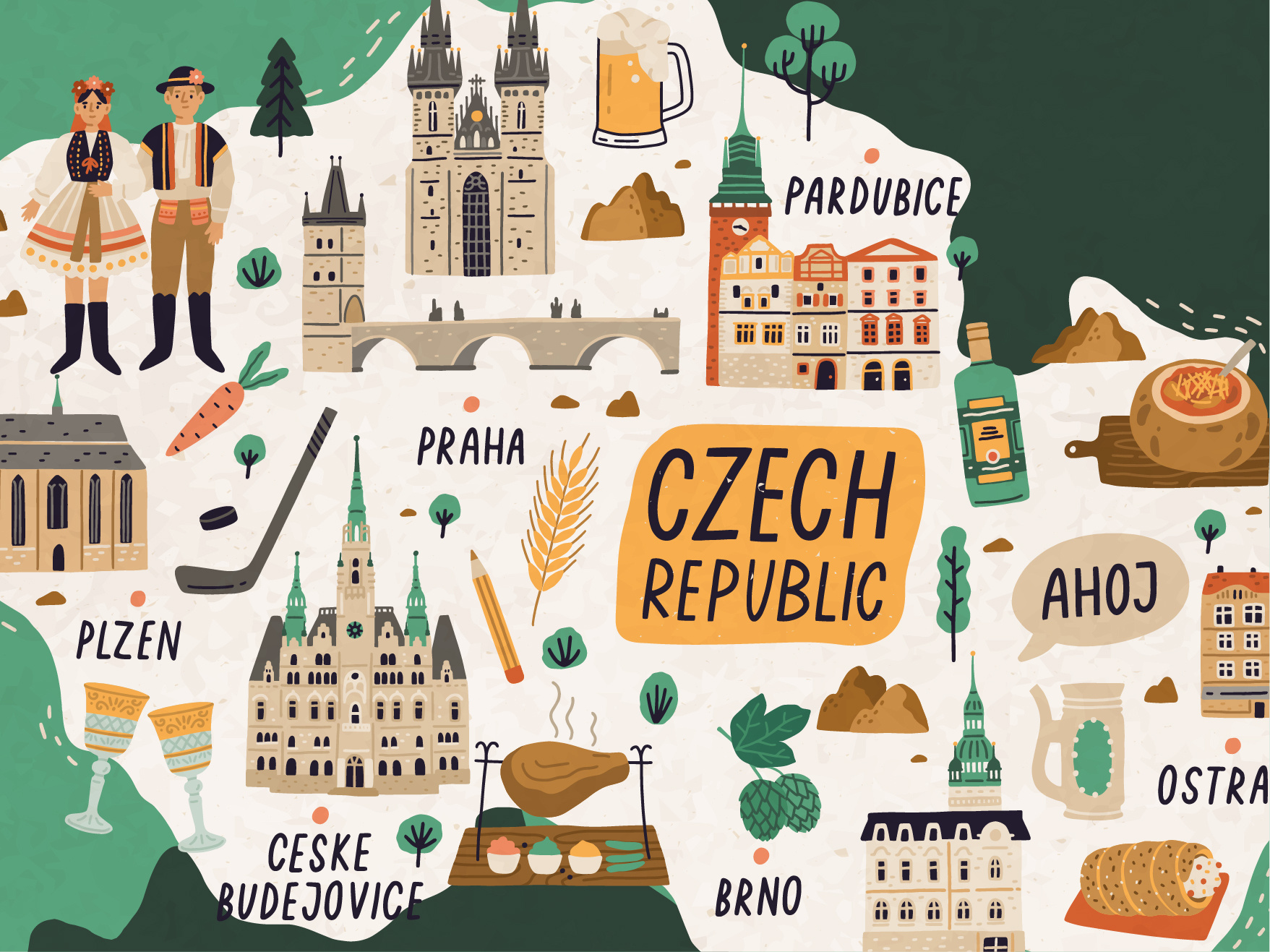 Countries maps and places illustrations