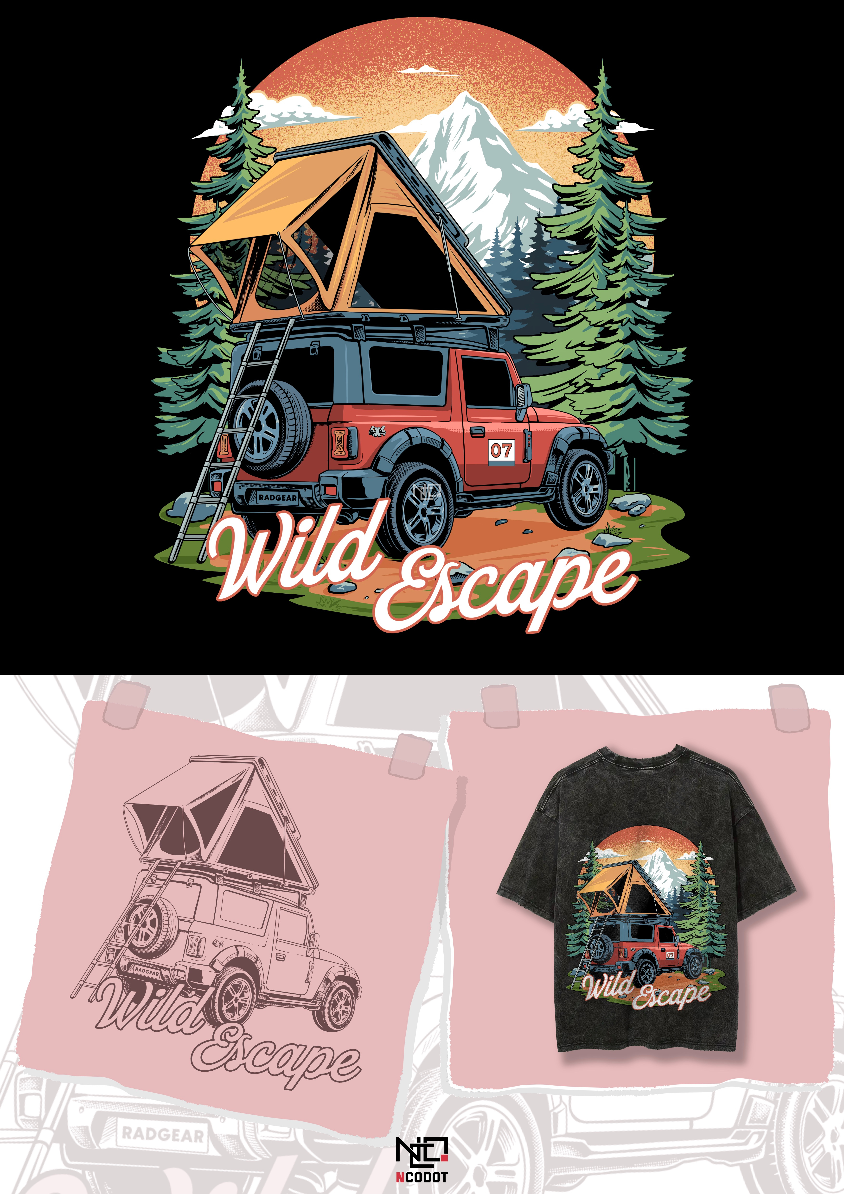 Wild Escape – Adventure Camping T-Shirt Illustration adventure illustration apparel design camping car illustration digital printing forest graphic design illustration offroad overland retro design screenprinting tshirt design vintage wild escape