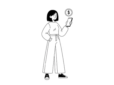Woman Using Smartphone for Mobile Payment and Money Transfer app black and white cashless casual digital dollar female fintech flat minimal mobile money outline purchase security shopping standing touchscreen user wallet