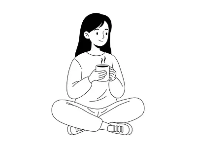 Woman Sitting Cross-Legged Drinking Coffee From Mug alone beverage break coffee content cross legged drink hot coffee illustration leisure lifestyle line art minimal morning routine serenity smile sneakers steaming sweater