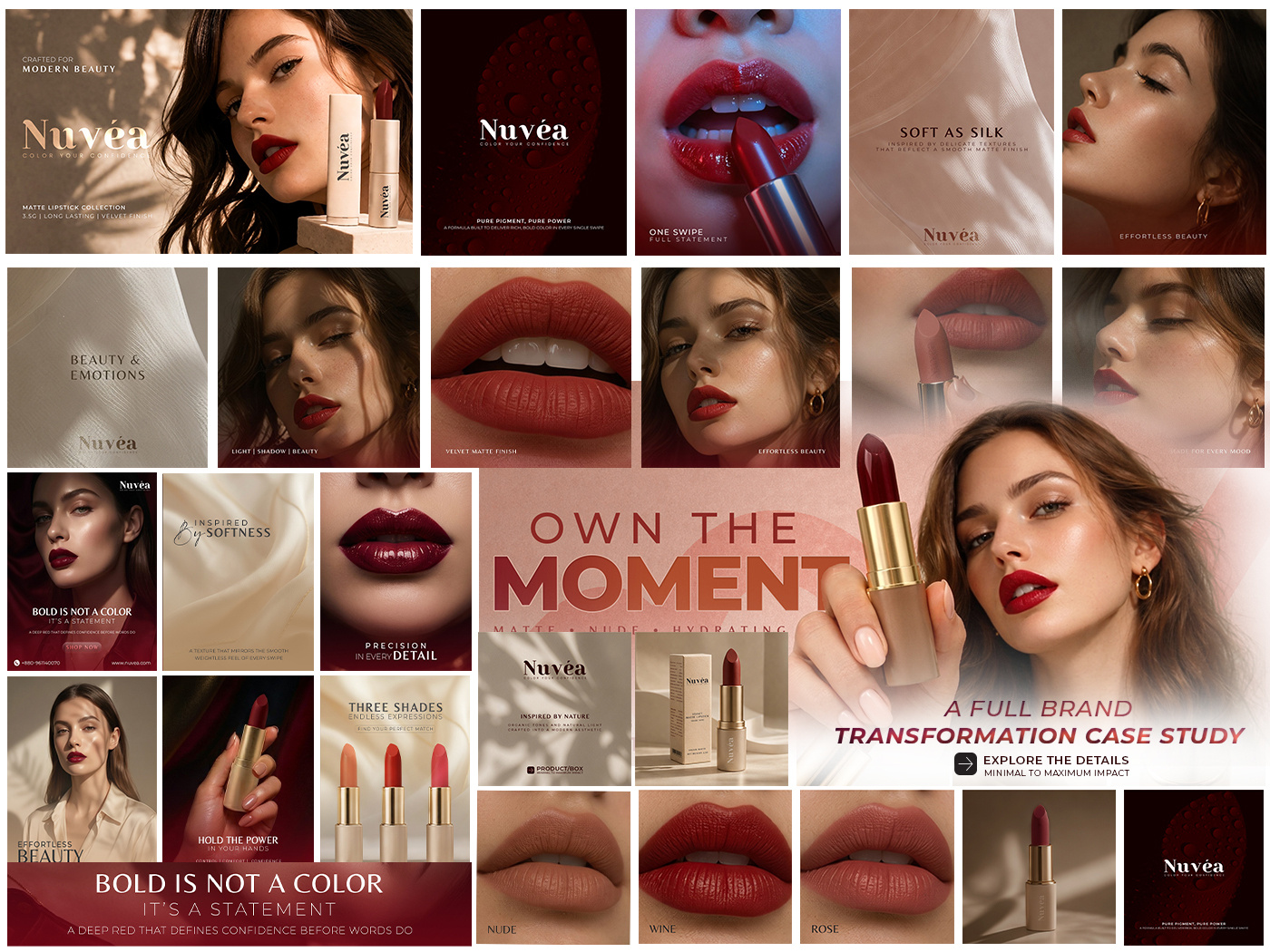 NUVÉA Lipstick — Premium Beauty Visual advertising beauty brand identity branding cosmetic graphic design lipstick luxury makeup minimal packaging product design social media ui ux
