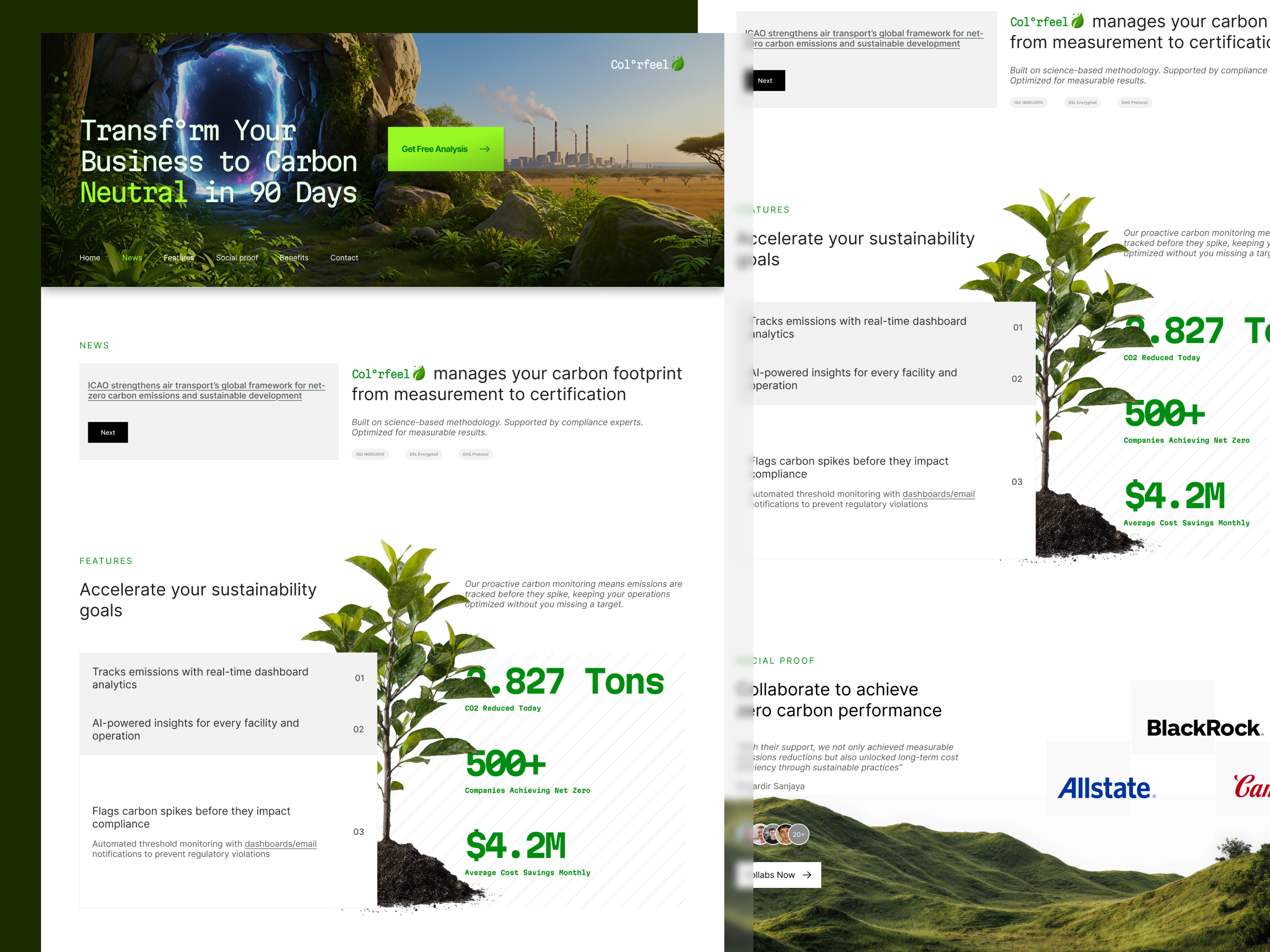 Colorfeel - Carbon Management Platform 3d branding carbon dark design graphic design green illustration land landing page nature statistics ui