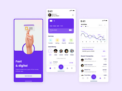 Wallet Application activity screen bottom menu category chart credit card design graph home screen mobile app splash screen transaction ui wallet app