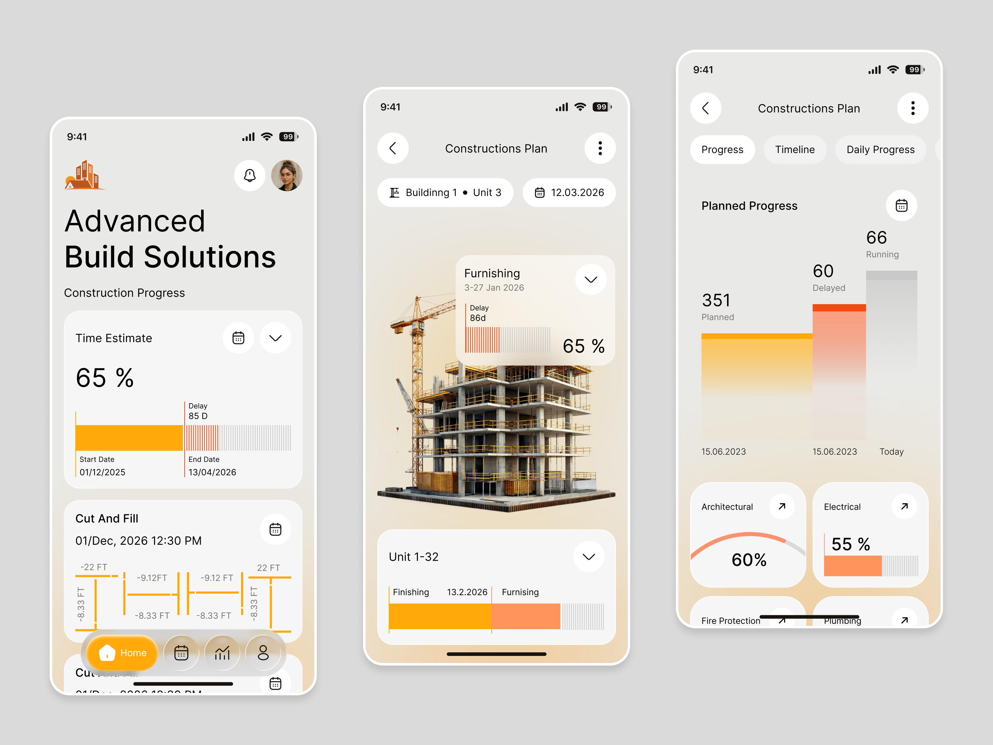Construction Management Mobile App analytics appdesign construction construction app construction management constructionapp dashboard datavisualization management app minimal mobile app modernui productivity progress progress tracking project management projectmanagement proptech startups tracking workflow