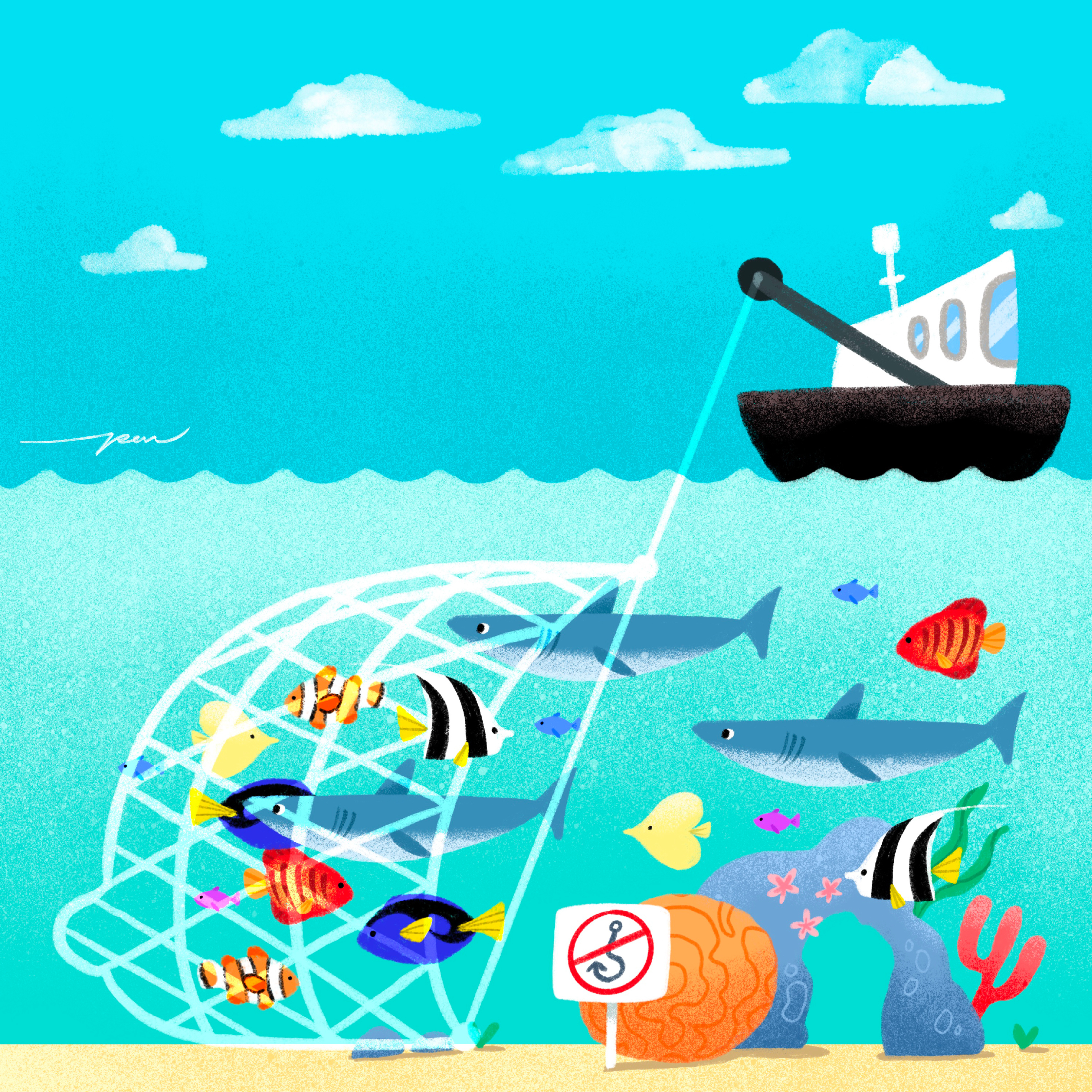 Fishing / Azul x Pon Cervantes cartoon character color coral cute design dory fish fishing illustration life marine nemo ocean reef shark