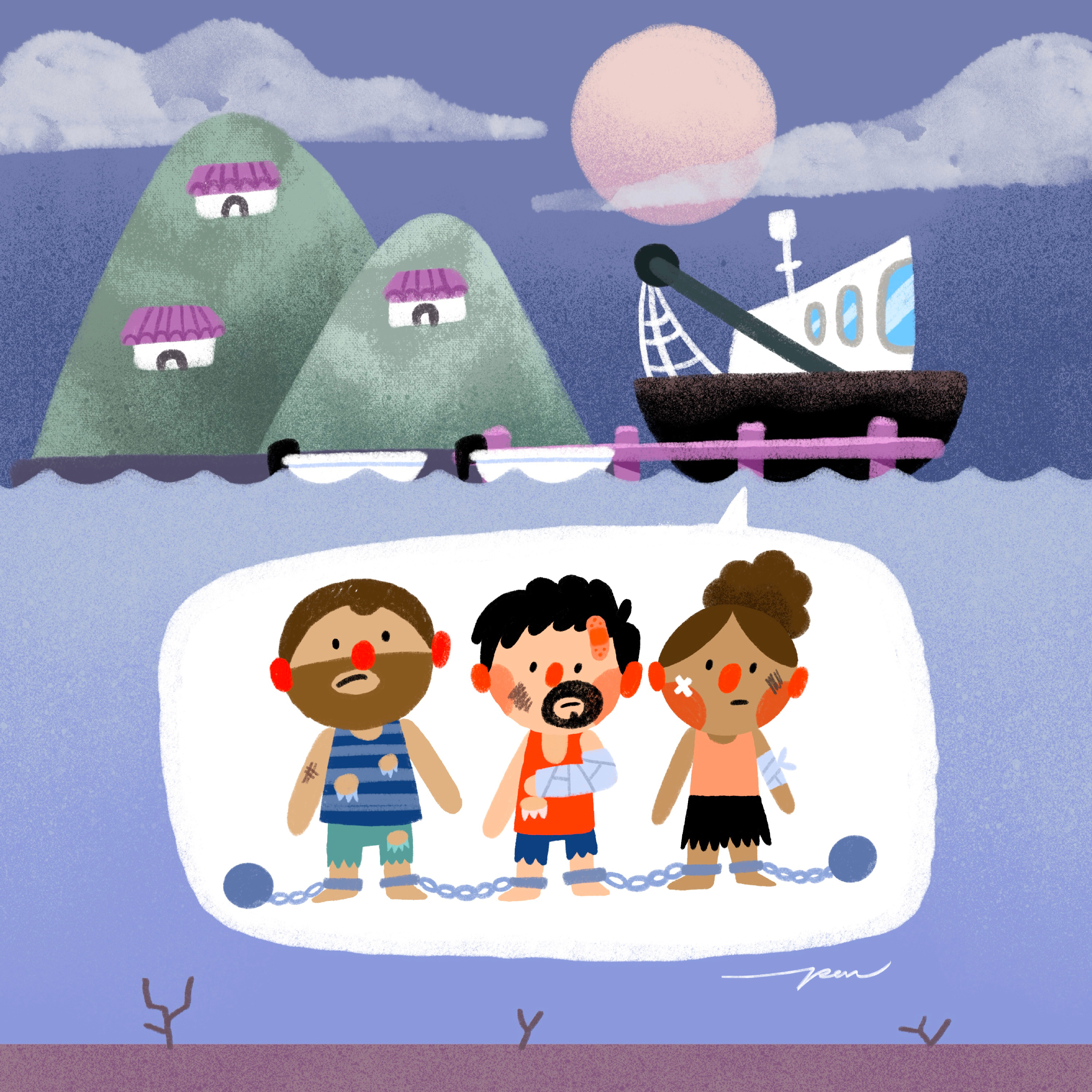 Fishing / Azul x Pon Cervantes boat cartoon character color cute design fish fishing illustration labor ocean rights slave slavery