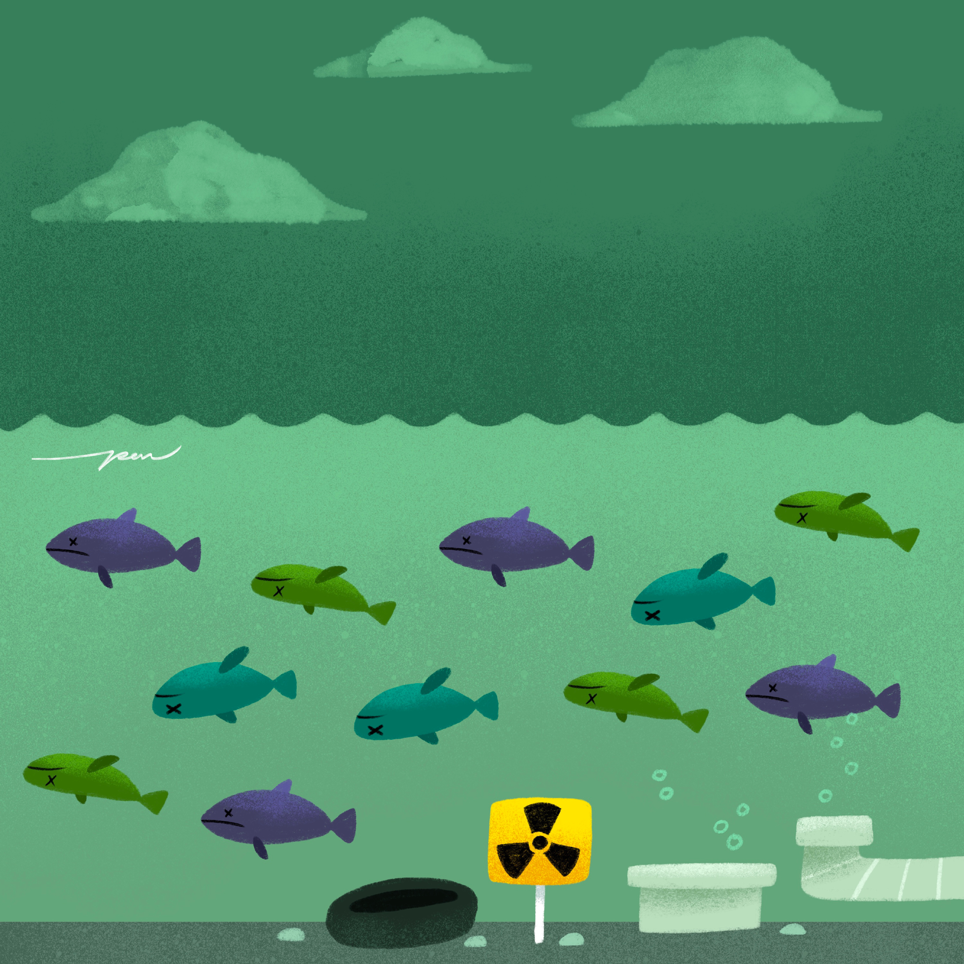 Fishing / Azul x Pon Cervantes cartoon character color cute dead design fish fishing illustration ocean poisoned toxic waste