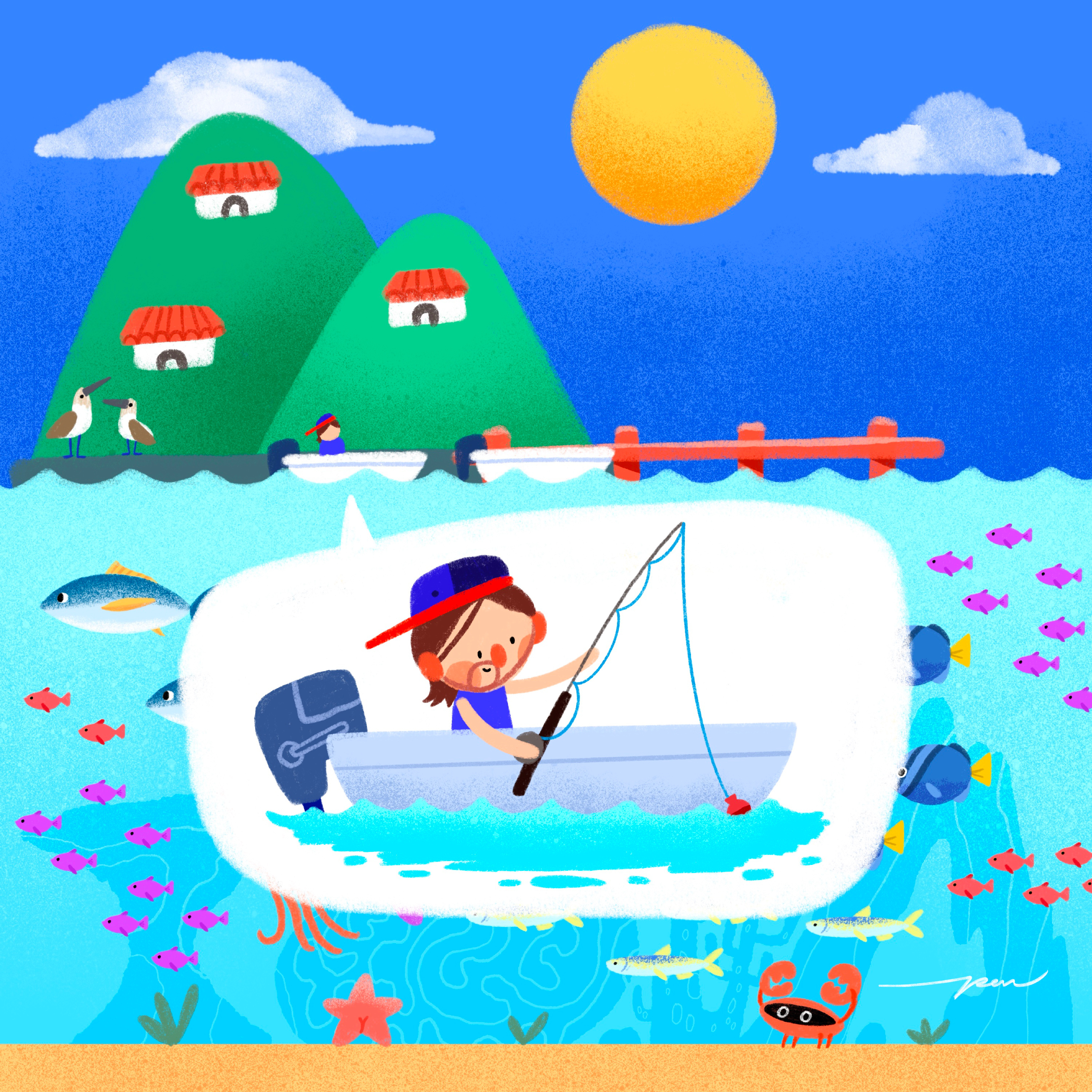Fishing / Azul x Pon Cervantes cartoon character color cute design fish fishing illustration life marine ocean port rod
