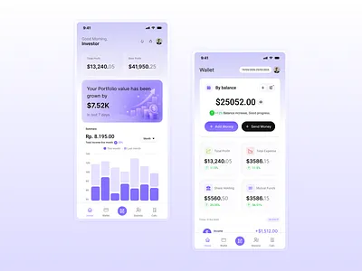 Smart Investment & Wallet Dashboard UI — Finance Mobile App app design clean ui crypto ui dashboard data visualization finance app fintech fintech app gradient investment app minimal mobile app mobile ui modern ui saas ui ui kit ui ux user experience user interface wallet app