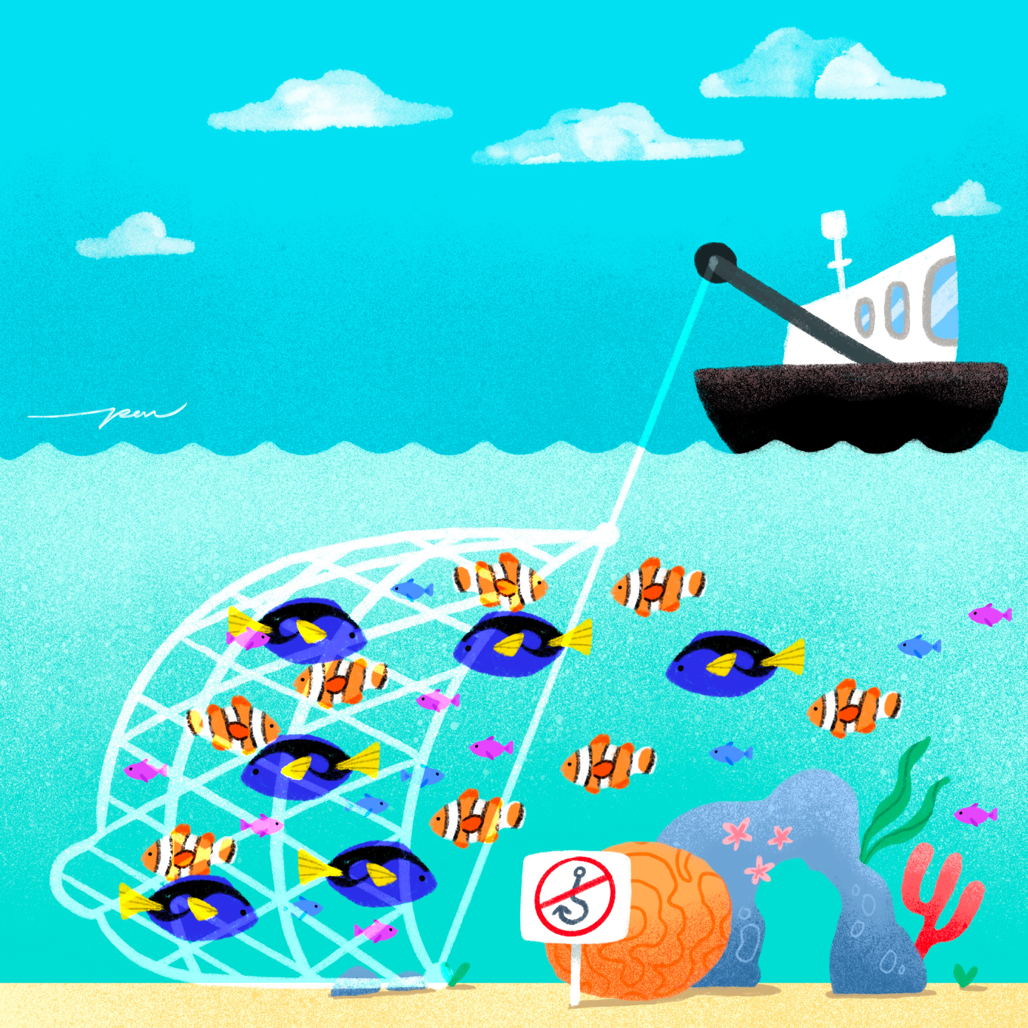 Fishing / Azul x Pon Cervantes boat cartoon character clown color cute design dory fish fishing illustration nemo net ocean reef