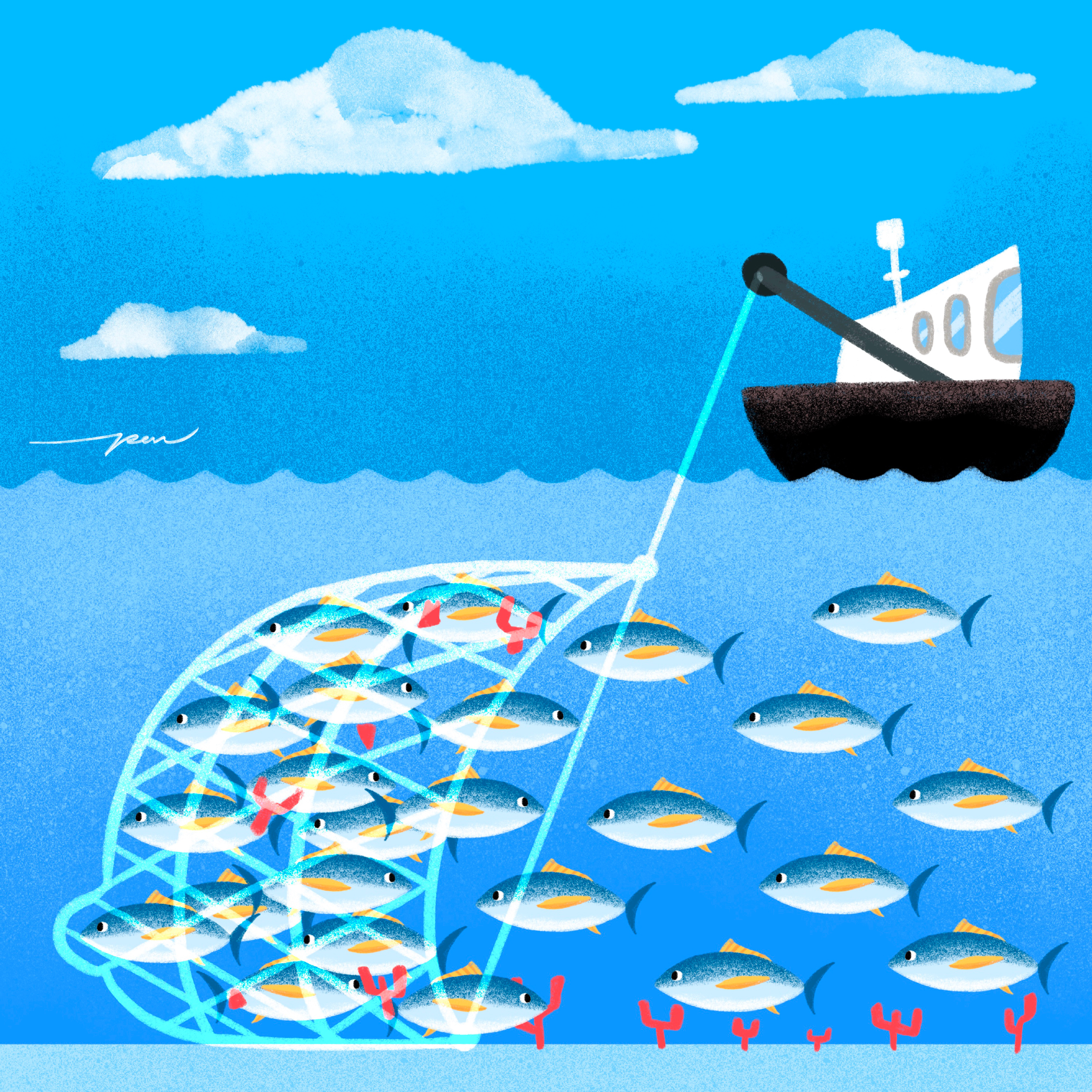 Fishing / Azul x Pon Cervantes boat cartoon character color cute design fish fishing illustration net ocean sea tuna