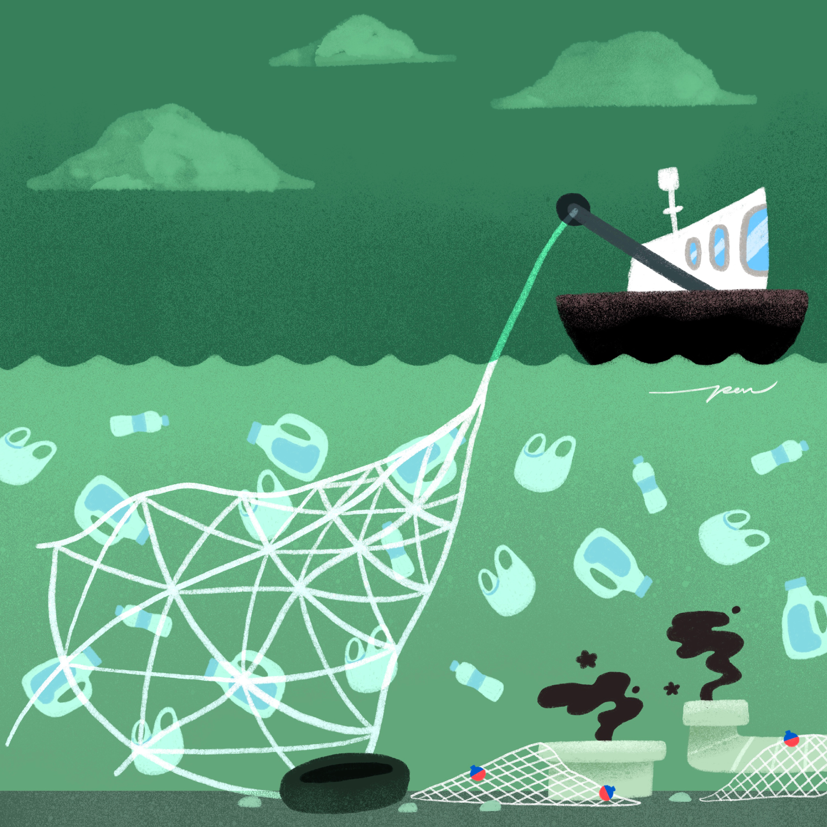 Fishing / Azul x Pon Cervantes cartoon character color cute design illustration oil plastic poidon pollution toxic trash waste