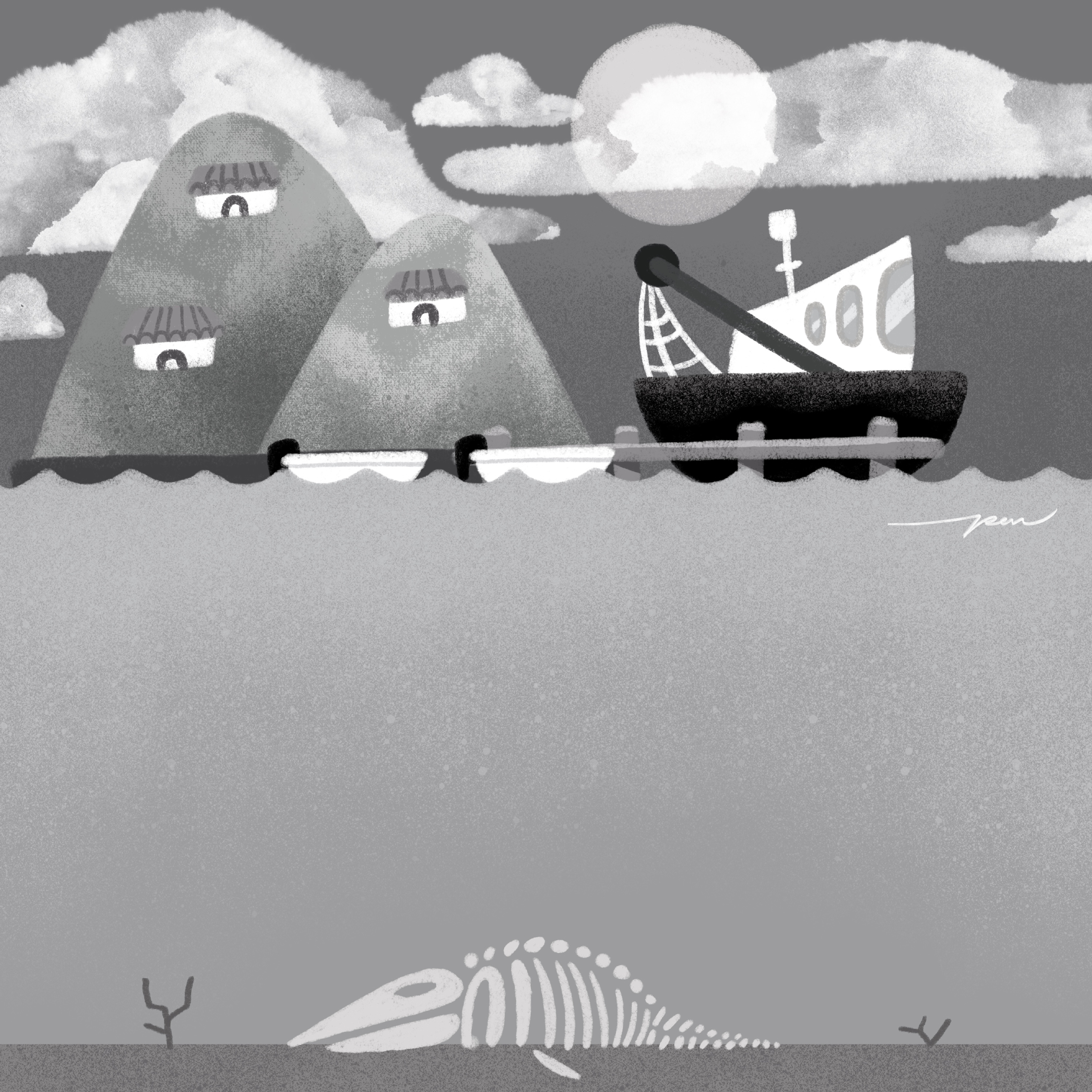 Fishing / Azul x Pon Cervantes black and white boat cartoon character color cute dead design illustration ocean sad sea skeleton whale
