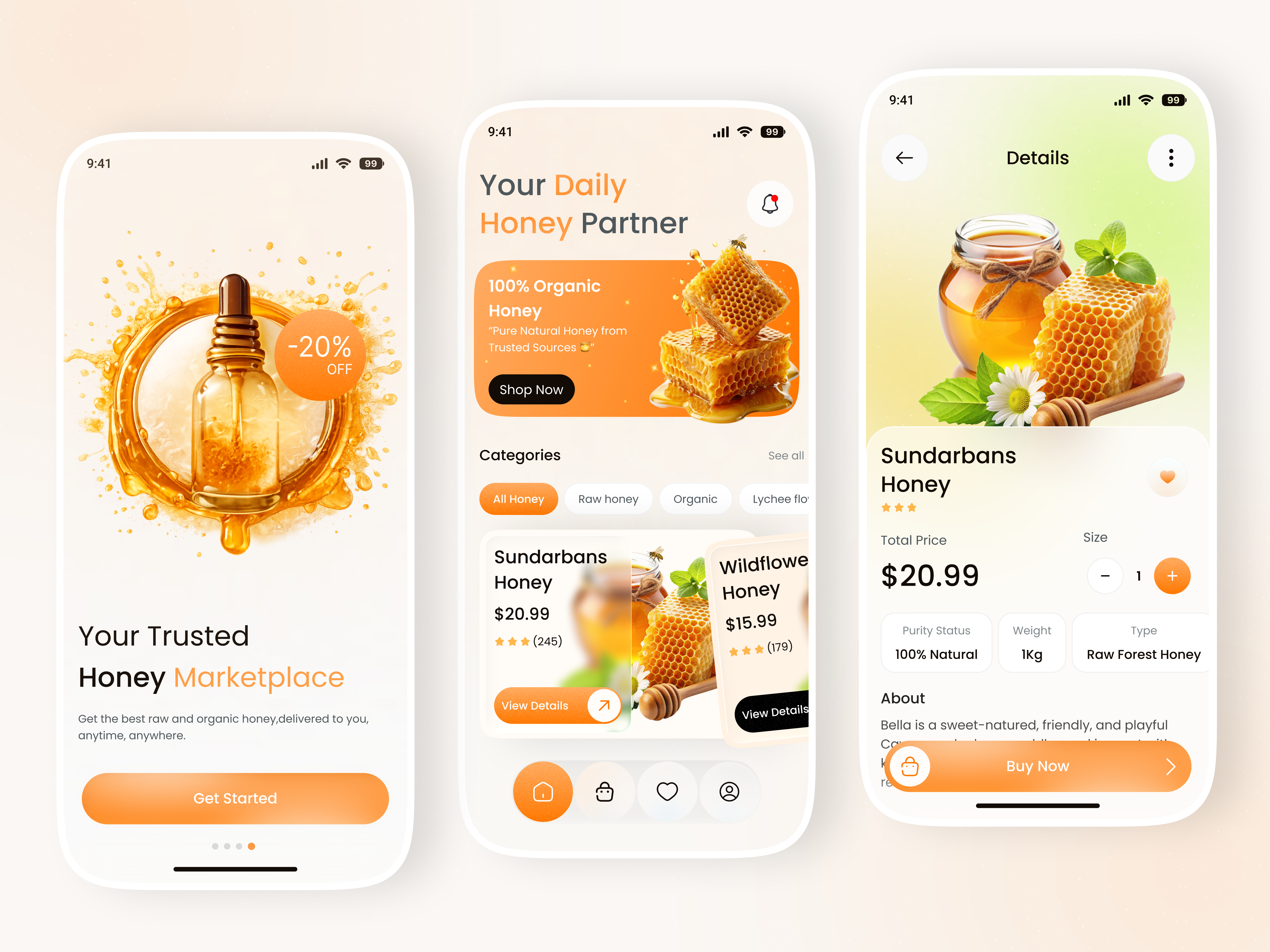 NectarFlow – Smart Honey Delivery Mobile App ai app app landing page beekeeping app clean ui design dribbble dribbble shot ecommerce mobile app farm fresh honey food delivery app grocery delivery app honey app ui honey delivery app minimal app ui mobile app ui ux modern app design natural food app organic products app product delivery app startup app design ui inspiration
