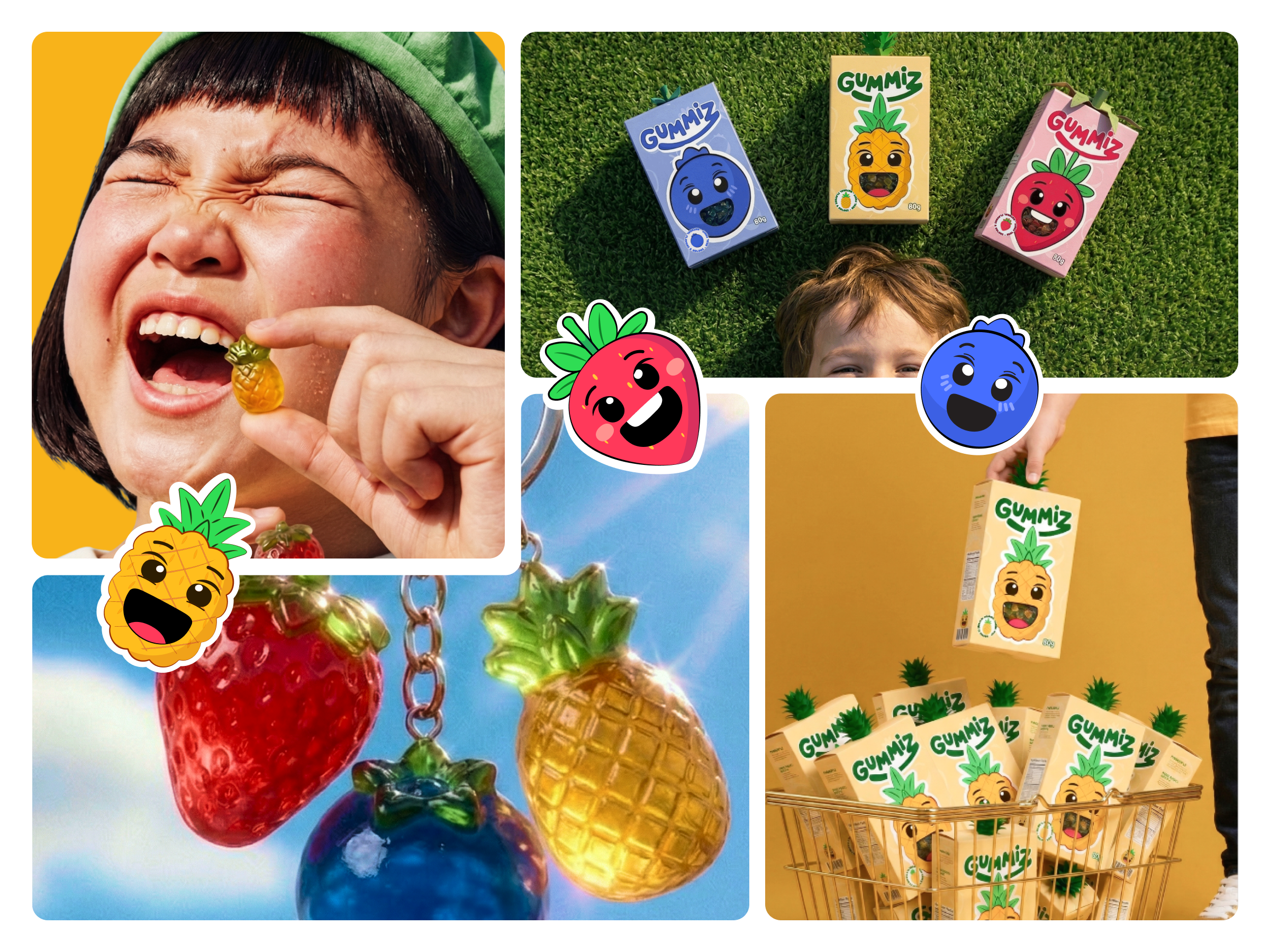 Gummy Candy Visual Identity & Packaging Design 3d packaging mockups brand system branding candy branding character design colorful identity consumer product design food branding fruity packaging fun packaging gummy candy mascot design packaging design playful typography product design retail packaging design visual identity