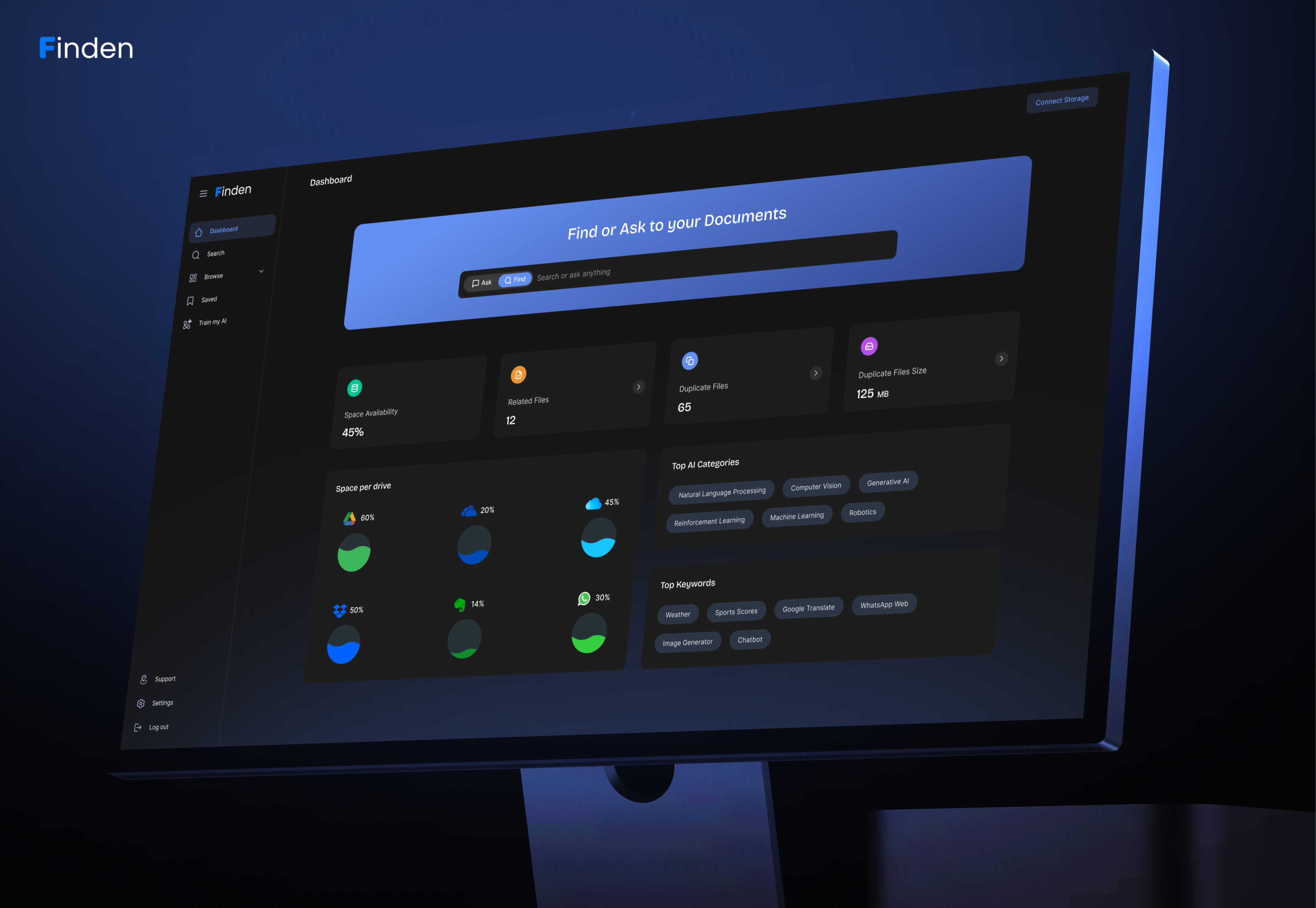 Finden | AI-Powered Document Intelligence & Storage Dashboard ai cloud management dark mode dataviz document management saas