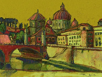 Red-Green art bridge color exploration illustration impressionism landscape oil painting postimpressionism river texture town