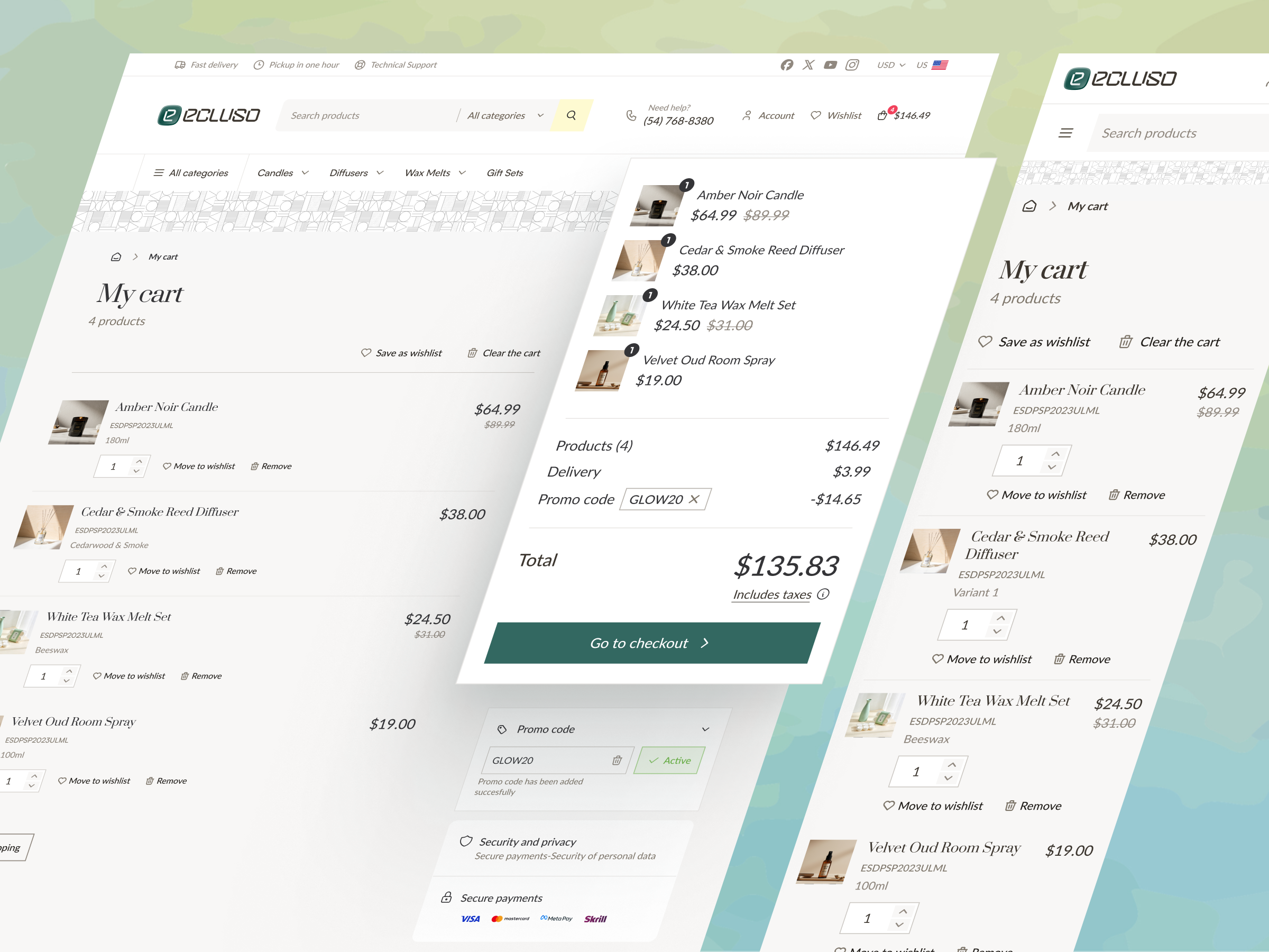 Cart Page of the Home Fragrance Store - ecluso UI Kit candles card cart clean design system ecluso ecommerce ecommerce design figma figma components home fragrance minimal online store shopping cart simple ui design ui kit ux ux design web design