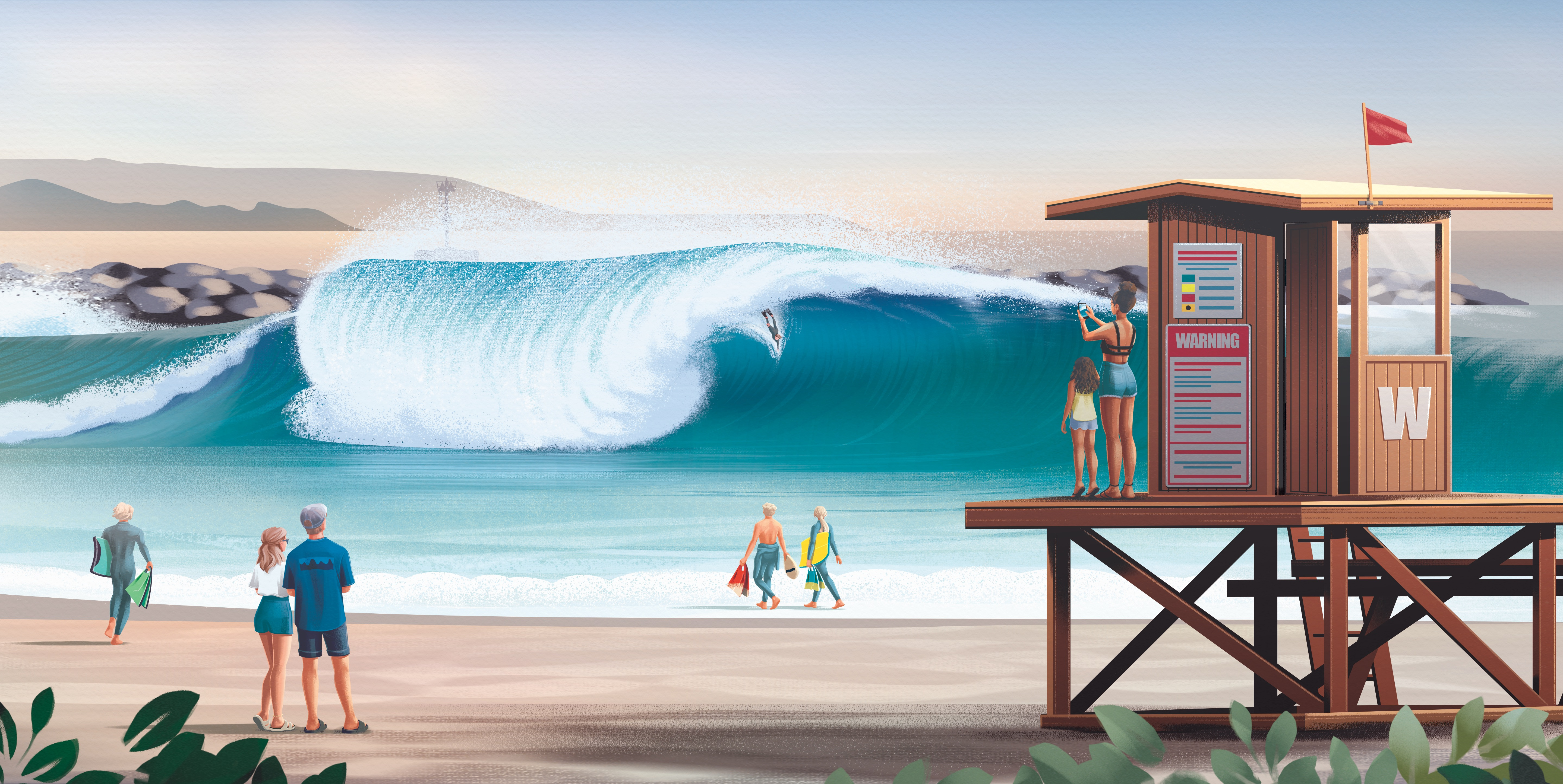 The Wedge, CA character colorful extreme illustration lifeguard booth lifestyle ocean sport surfer surfing texture wave