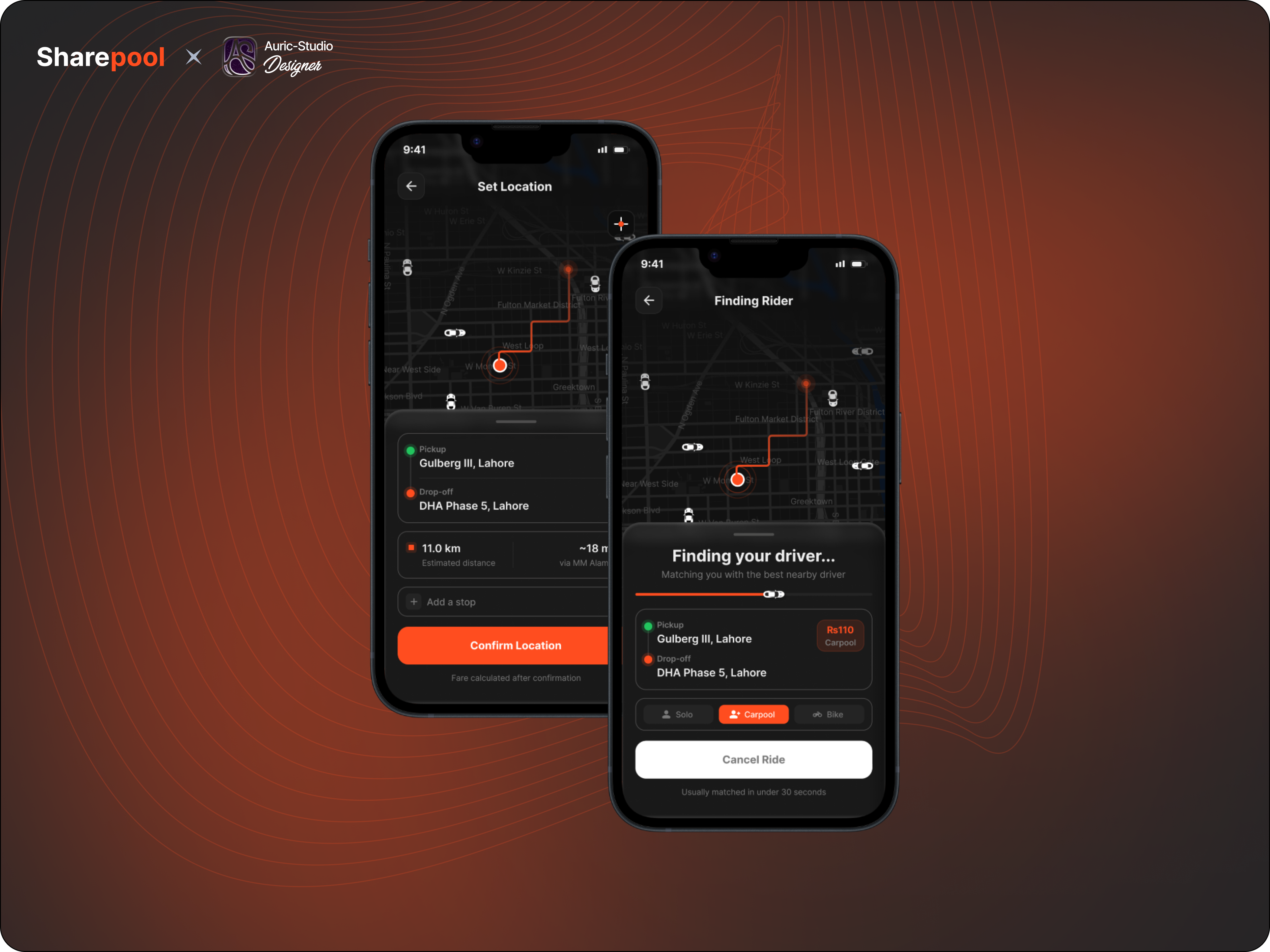 Ride-Sharing App UI — Dark Mode Mobile Design android design booking app carpool app clean ui dark theme dribbble driver app inspiration design ios design location ui map ui mobile ui orange ui product design ride sharing ride sharing app transport app uber ui design ux design