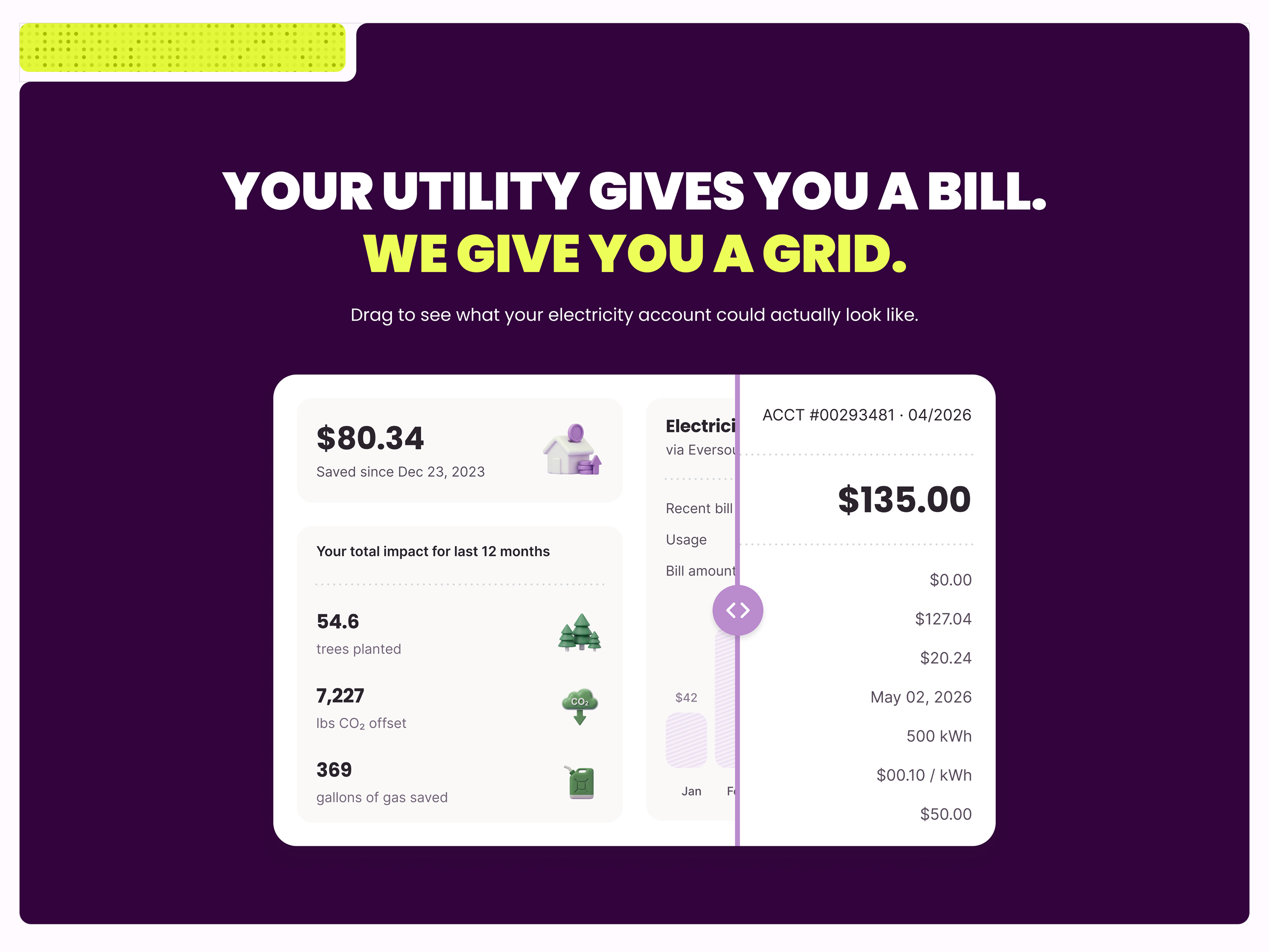 Utility comparison vs Public Grid beforeafter co2 comparison comparison slider dashboard eco electricity energy dashboard green grid renewable energy savings solar energy trees planted utilities utility vs wind energy
