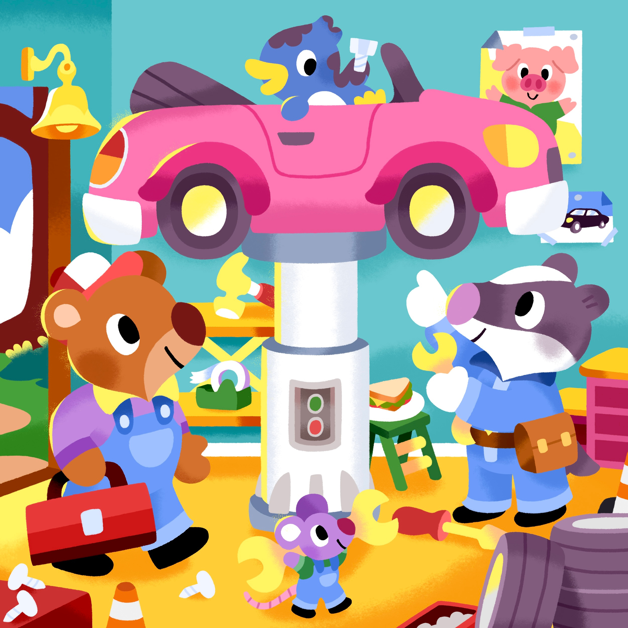 🚗🧑‍🔧 art book car cute garage illustration illustrator kidlit kids toddler vehicles vibrant