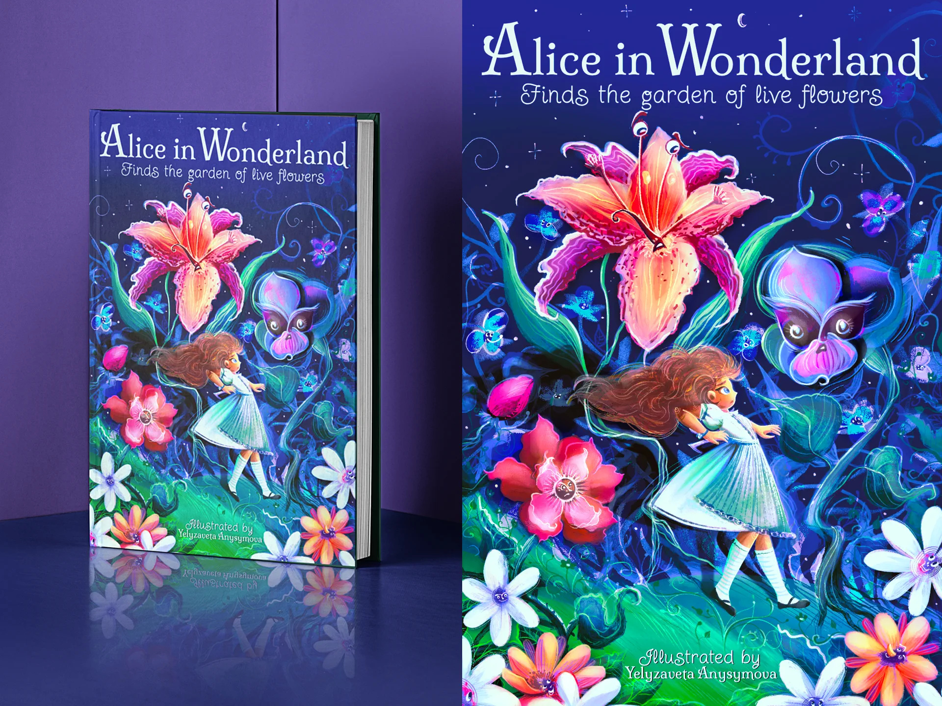 Alice in Wonderland Garden of Live Flowers Book Cover book cover design botanical illustration cartoon character character design children book childrens book illustration childrens book illustrator kidlit art whimsical