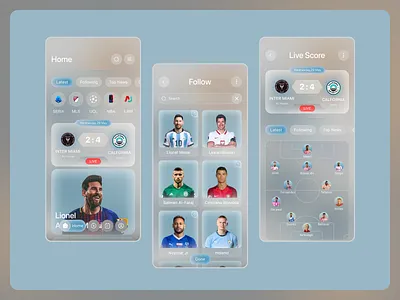 Football App – Home, Follow & Live Score UI app design app inspiration dark ui dribbble design figma design football football app football ui glassmorphism live score ui mobile app mobile ui modern ui product design sports app sports ui ui design user experience user interface ux design