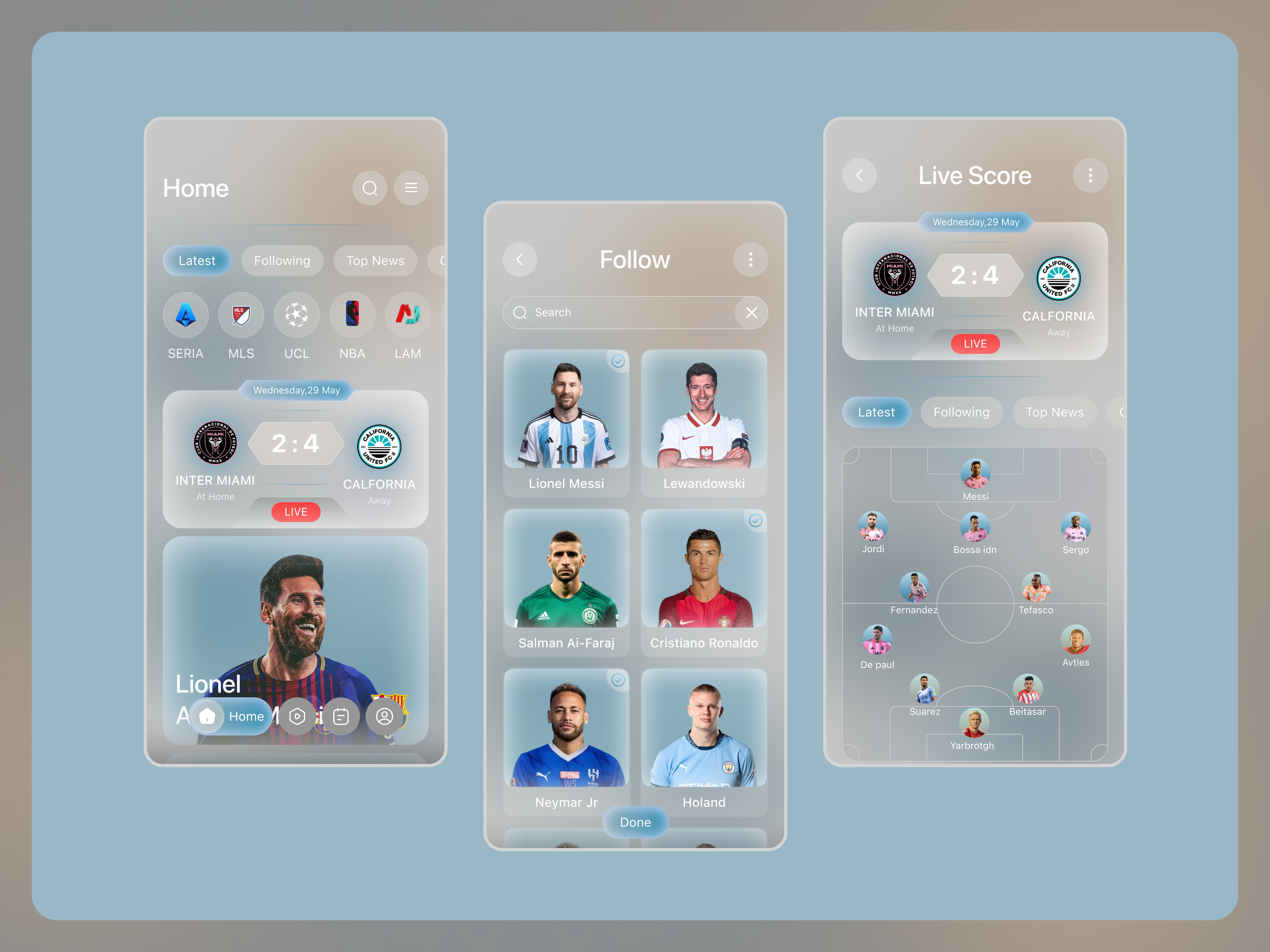 Football App – Home, Follow & Live Score UI