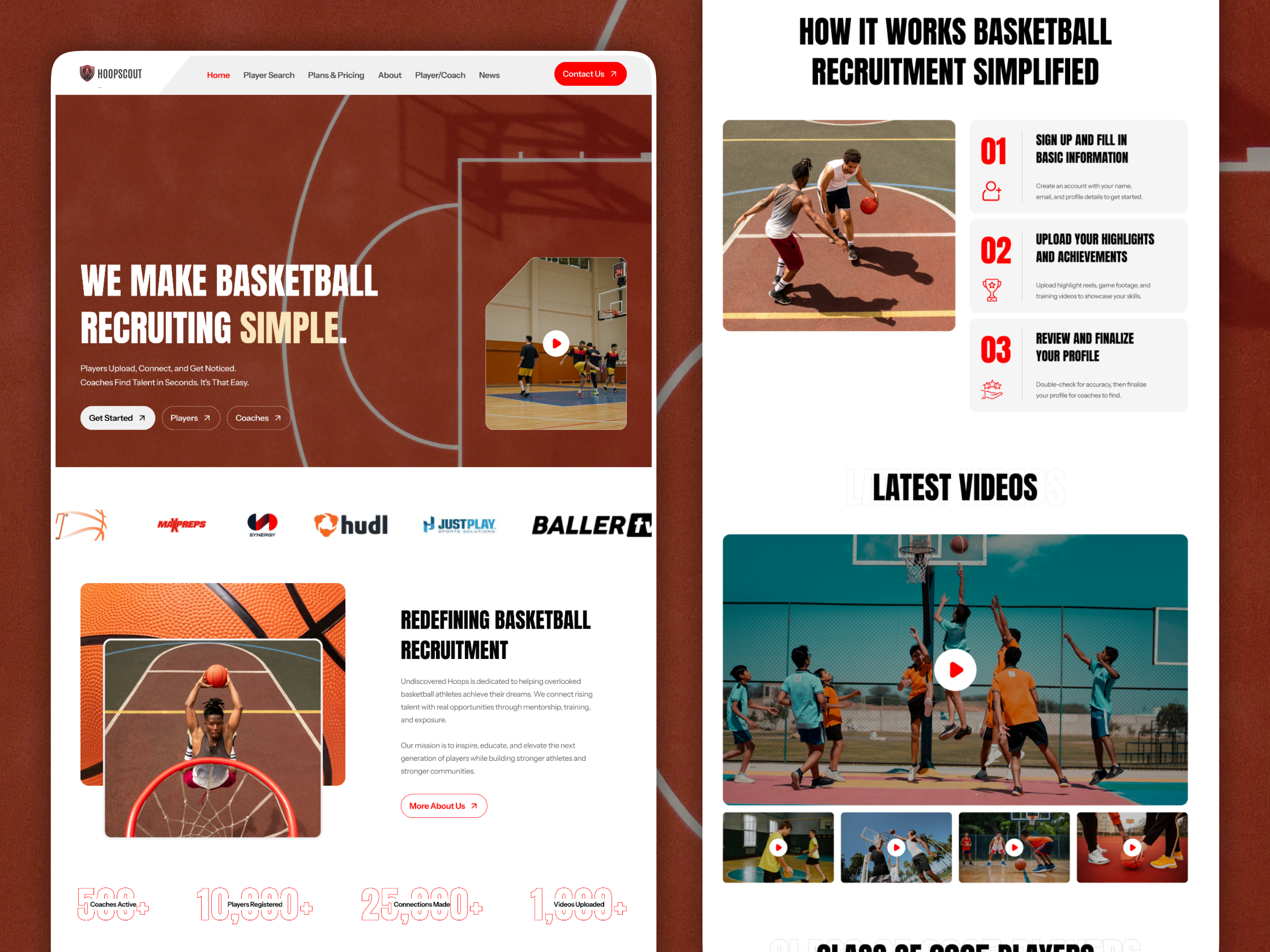 Sports & Recruiting Website Design athleteprofile basketballwebsite dashboarddesign designsystem digitalproduct figmadesign minimalui modernui playerprofile recruitingplatform sportsplatform sportsui sportswebdesign uiuxdesign uxdesign webdesign
