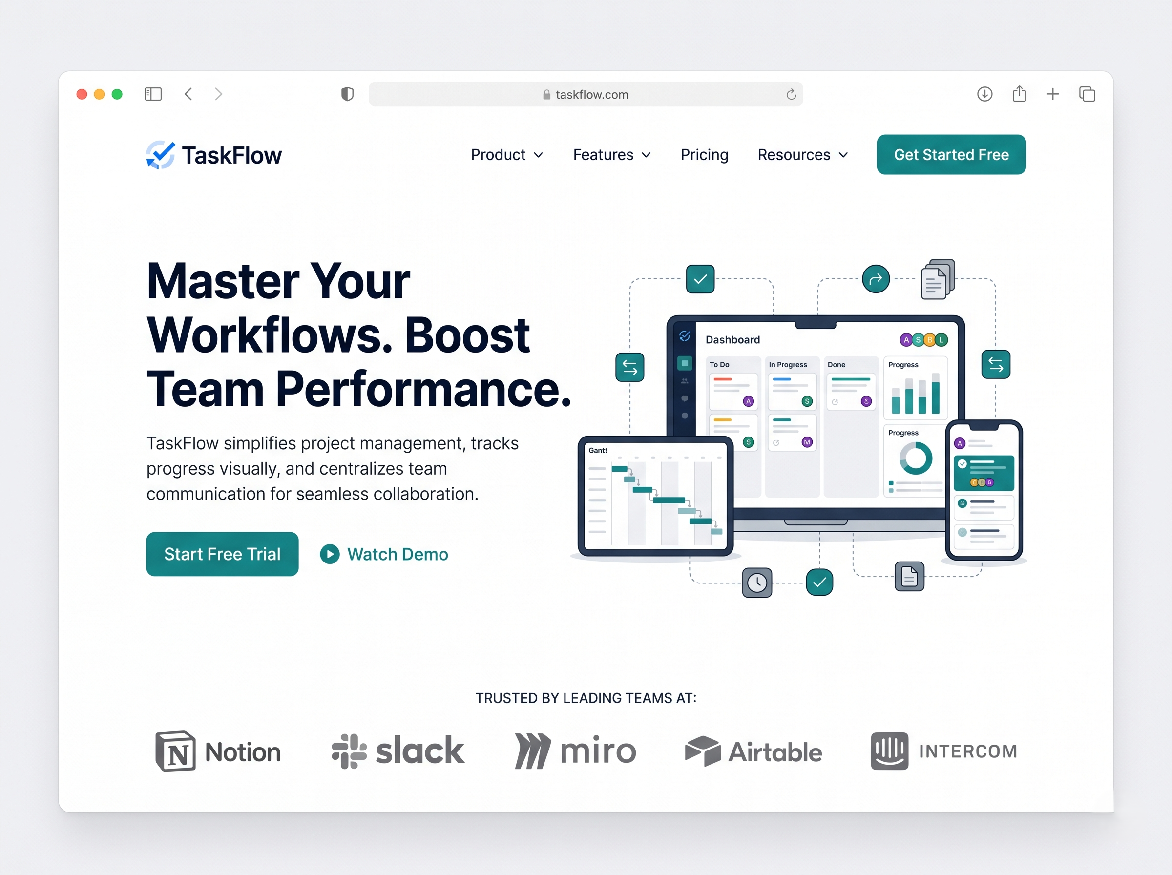 SaaS website hero for taskflow — boost team performance. b2b design call to action clean interface collaboration software dashboard ui dribbble shot figma hero section landing page modern web layout product design productivity tool project management saas startup landing page team workflow tech startup trusted by brands ui design web design