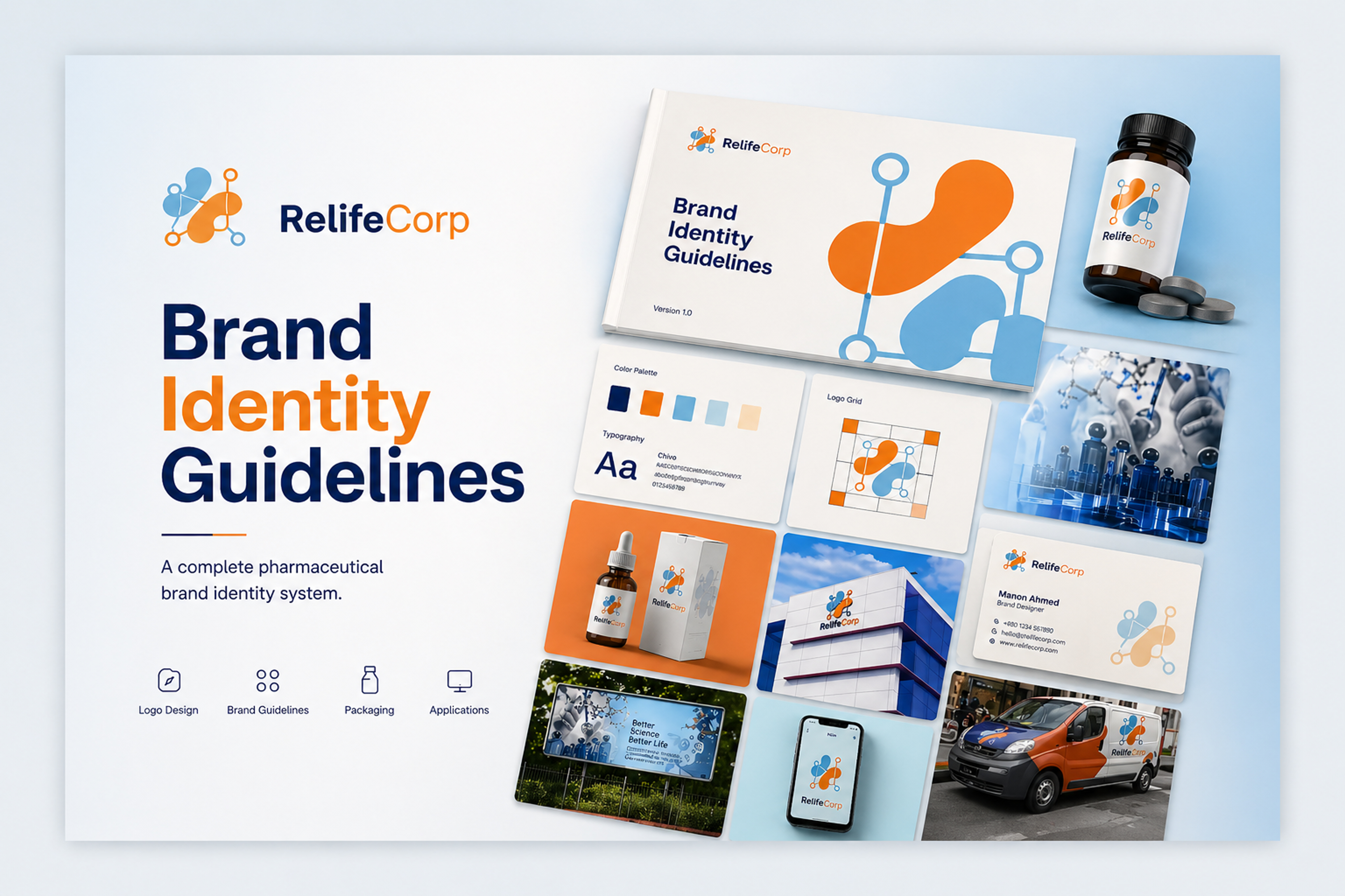 RelifeCorp Pharmaceutical Brand Identity & Visual Guideline brand guidelines brand identity clean design color system corporate identity creative branding design system healthcare brand healthcare design identity system logo design logo mark medical branding minimal design modern branding packaging design pharmaceutical branding professional design typography visual identity