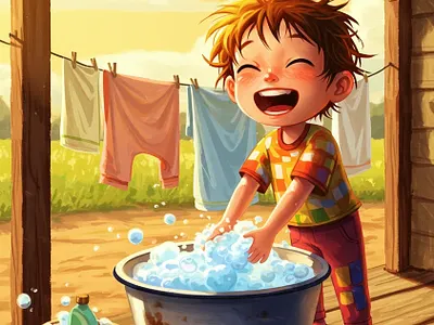 Bubbles & Sunshine: Laundry Day Magic 2d art backyard adventure character design childhood joy childrens book art childrens book illustrator digital painting engaging storytelling. expressive characters golden hour art kidlitart laundry day narrative art picture book artist soap bubbles storytelling summer vibes vibrant colors visual storytelling whimsical illustration