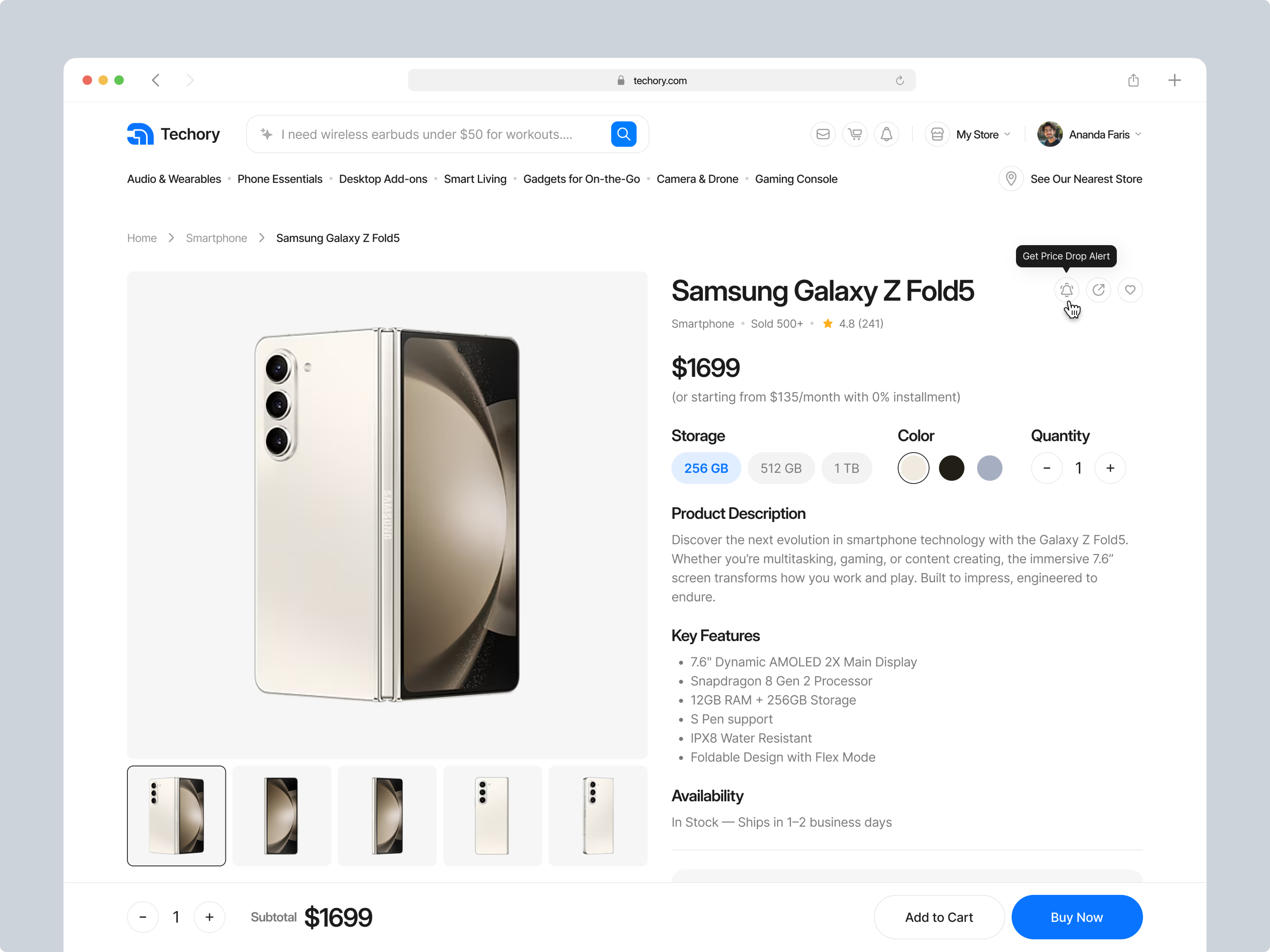 AI Gadget Marketplace Product Detail Page ai ai assistant ai marketplace website design detail ecommerce gadget landing page market marketplace minimal modern price product sales smartphone ui ui design ux design website