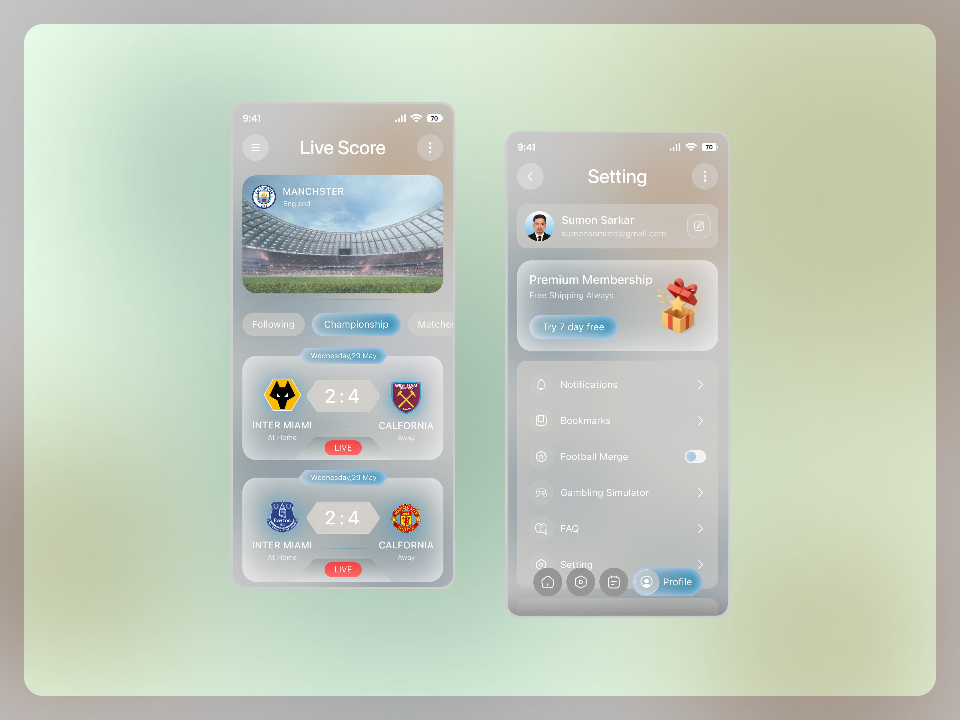 Football App – Live Score & Settings UI