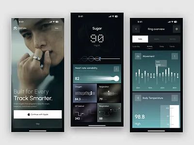 Smart Health Ring App UI — Track Smarter Experience ai app design data visualization fintech fitness app fitness tracker health analytics health app health dashboard minimal ui mobile app modern ui saas sleep tracking smart ring ui design ux design wearable
