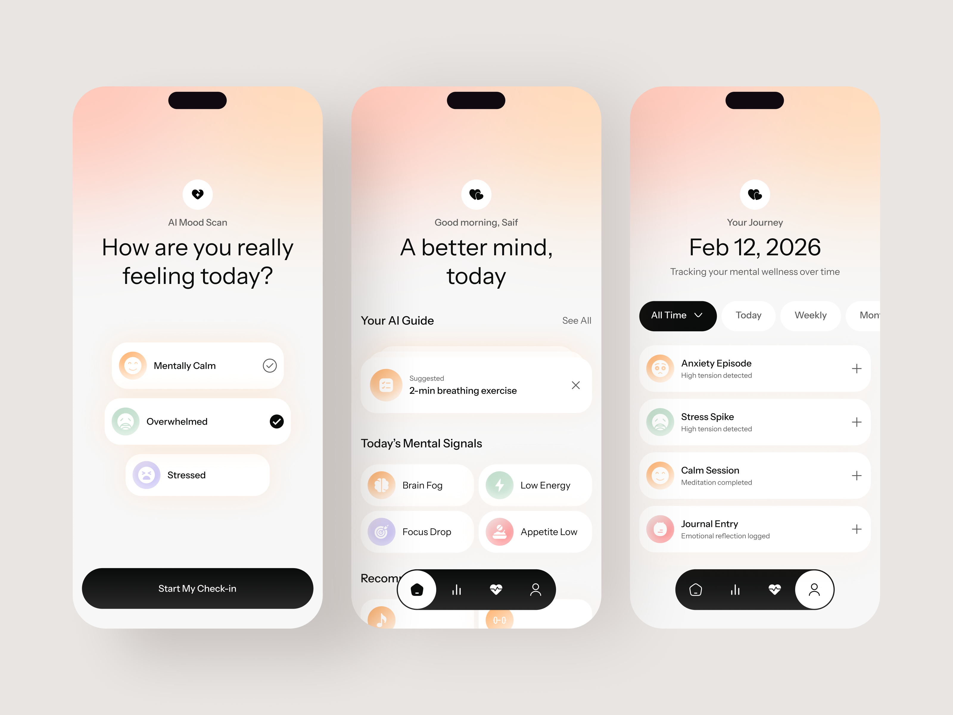 Mental Health App UI Design calm ui daily check in emotional wellbeing habit tracker health app healthcare ui healthy lifestyle medication reminder mental health mental health app mental wellness mindfulness app mood tracker routine planner self care self improvement wellness app